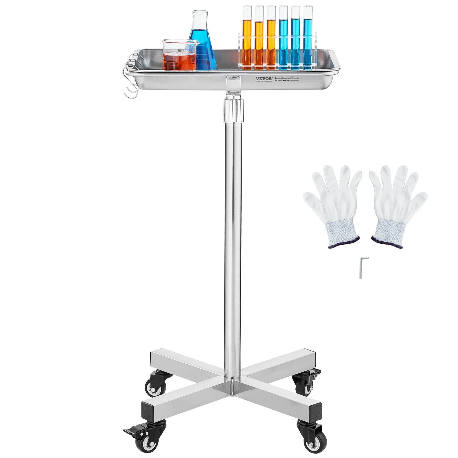 Mayo Stand, Stainless Steel Mayo Tray, Load Capacity up to 35 lbs, Adjustable Height 25.2"-39.8", Medical V952-SYSTCECKFS411UNA4V0