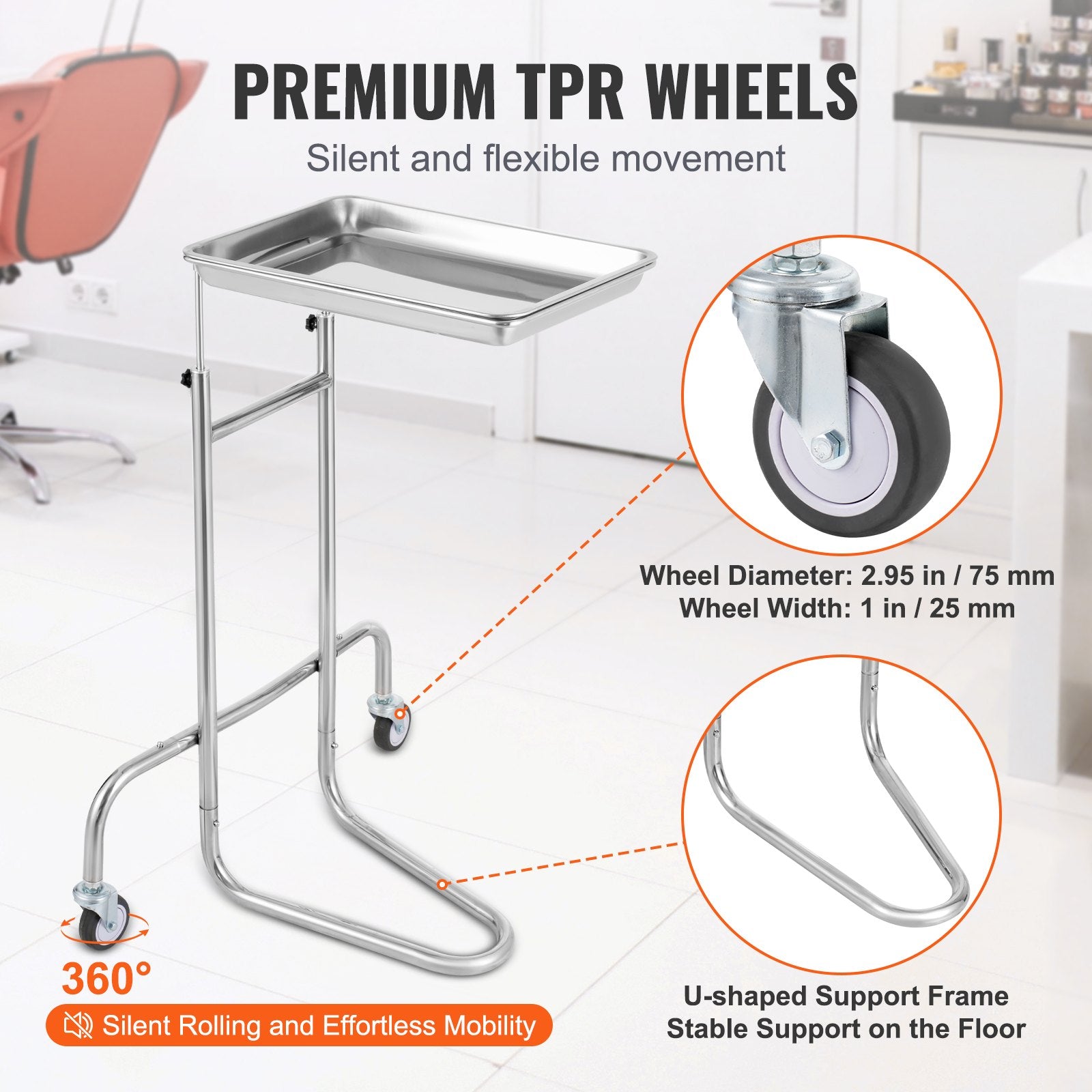 Stainless Steel Lab Cart with Single Tray & 2 Silent Wheels for Lab Clinic V952-SYSTCECKFSS2HAV26V0