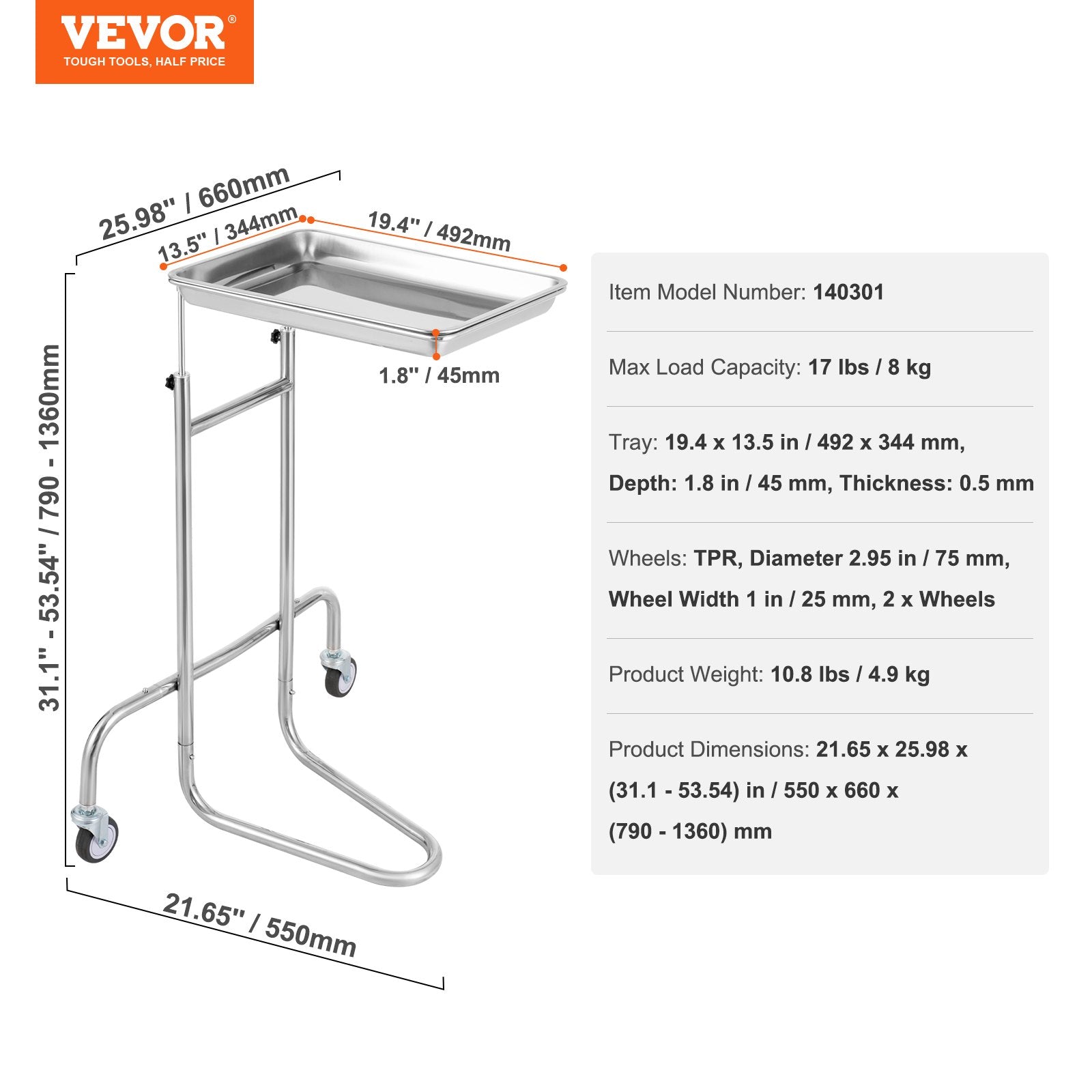 Stainless Steel Lab Cart with Single Tray & 2 Silent Wheels for Lab Clinic V952-SYSTCECKFSS2HAV26V0