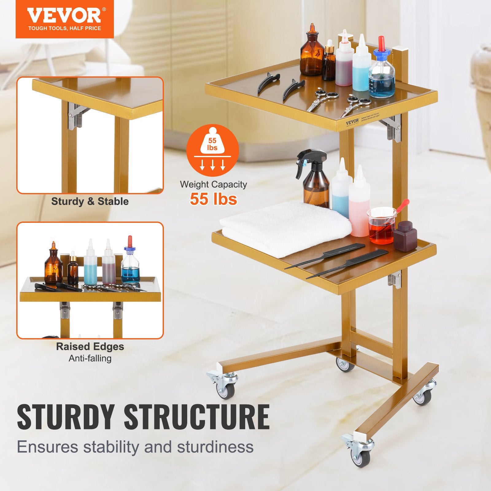 2 Tiers Stainless Steel Lab Carts with 2 Trays & 4 Silent Wheels Golden V952-SYSTCECKFYS4QES24V0