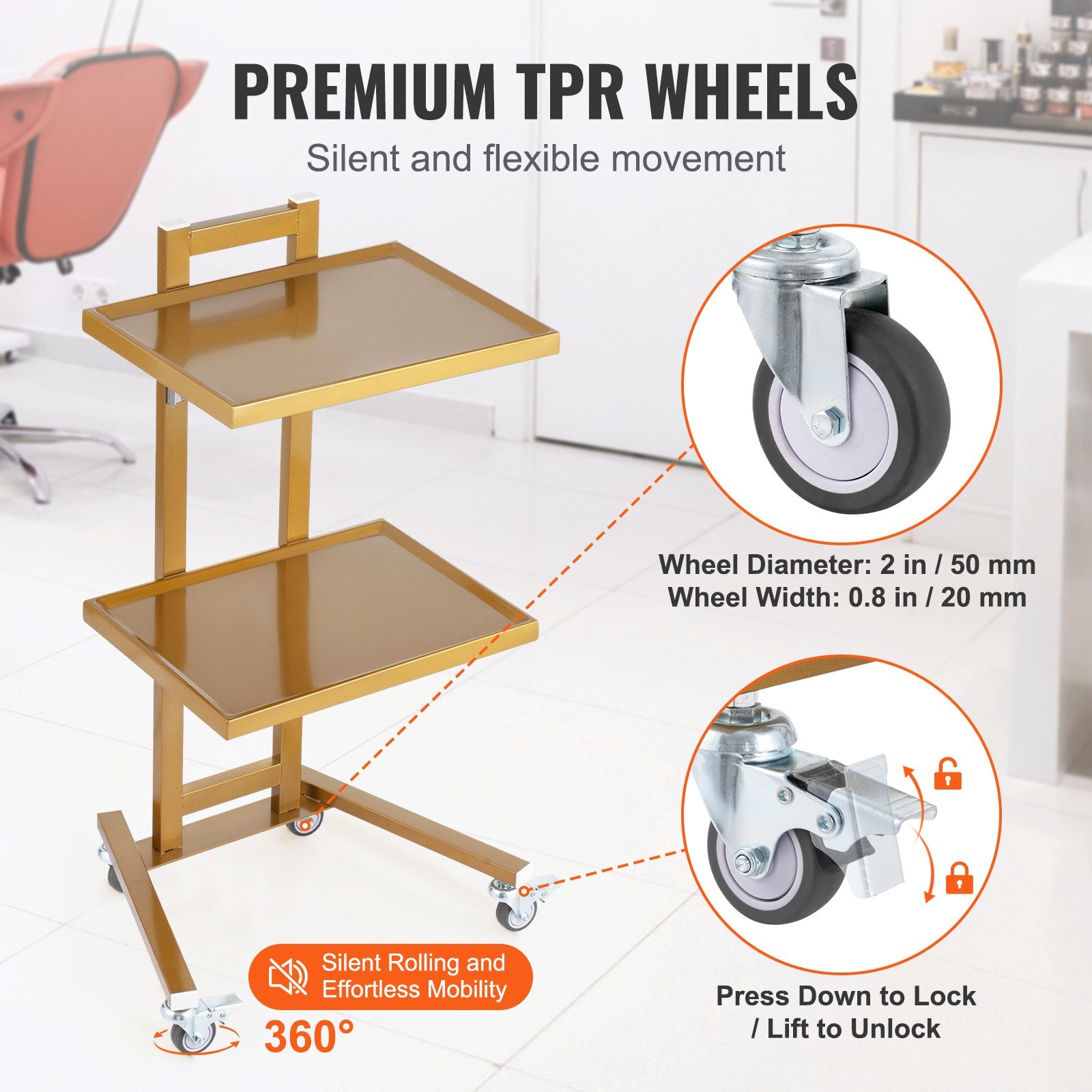 2 Tiers Stainless Steel Lab Carts with 2 Trays & 4 Silent Wheels Golden V952-SYSTCECKFYS4QES24V0