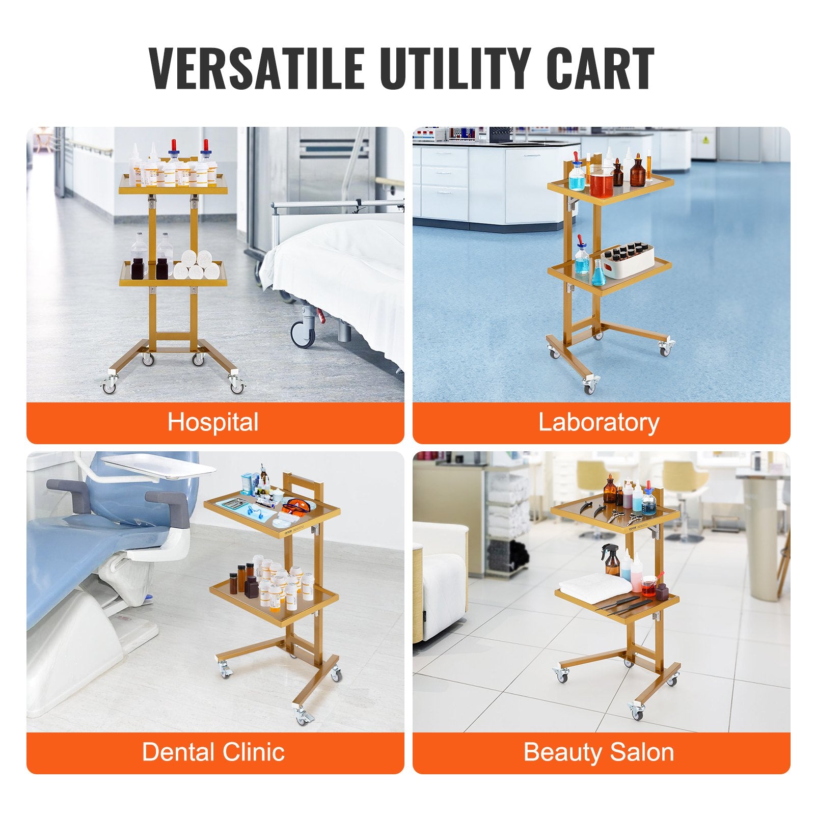 2 Tiers Stainless Steel Lab Carts with 2 Trays & 4 Silent Wheels Golden V952-SYSTCECKFYS4QES24V0
