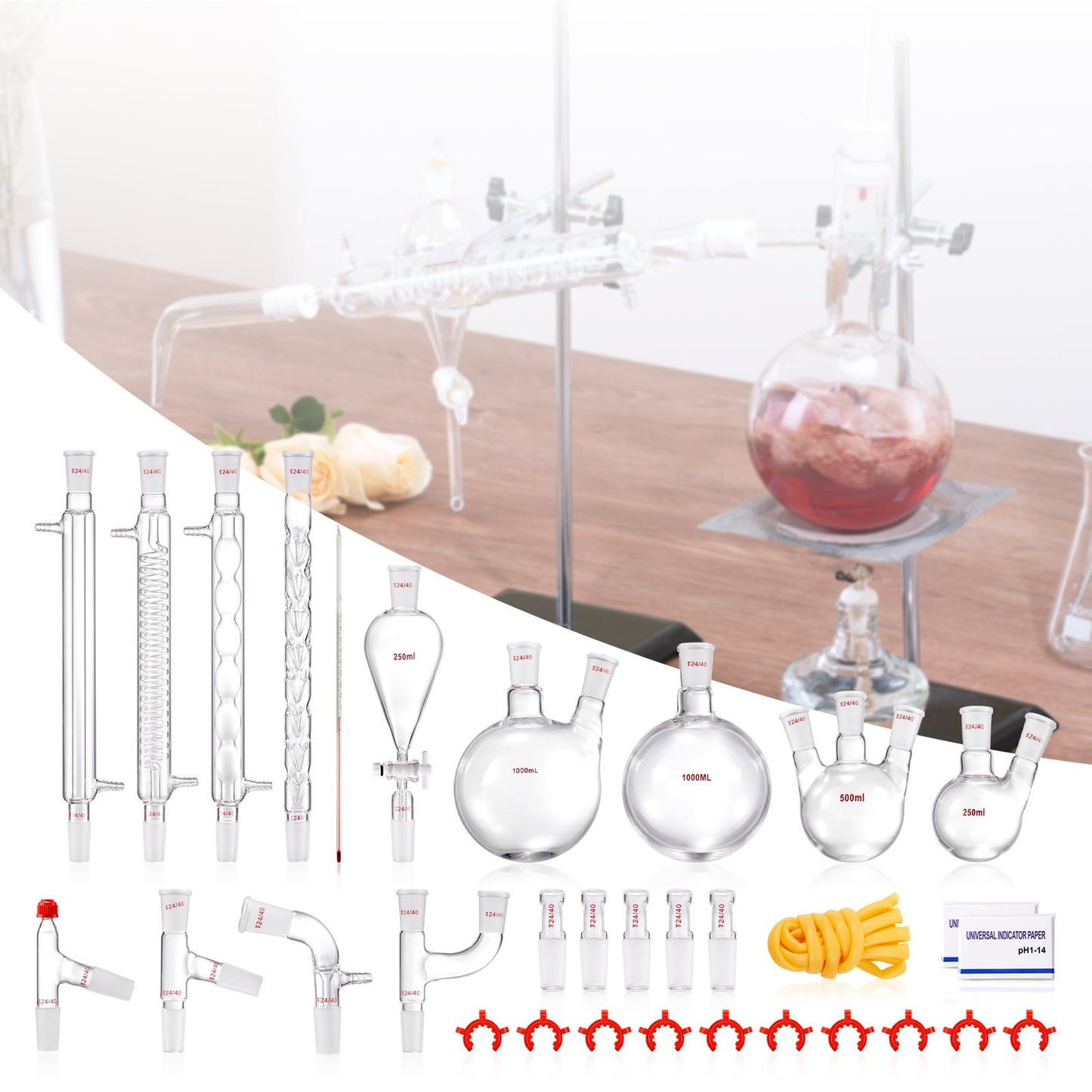Lab Distillation Kit, 3.3 Boro Lab Glassware Distillation Kit with 24, 40 Joint, 1000ml Essential Oil V952-SYSZLTJJPWW1LEFCIV0