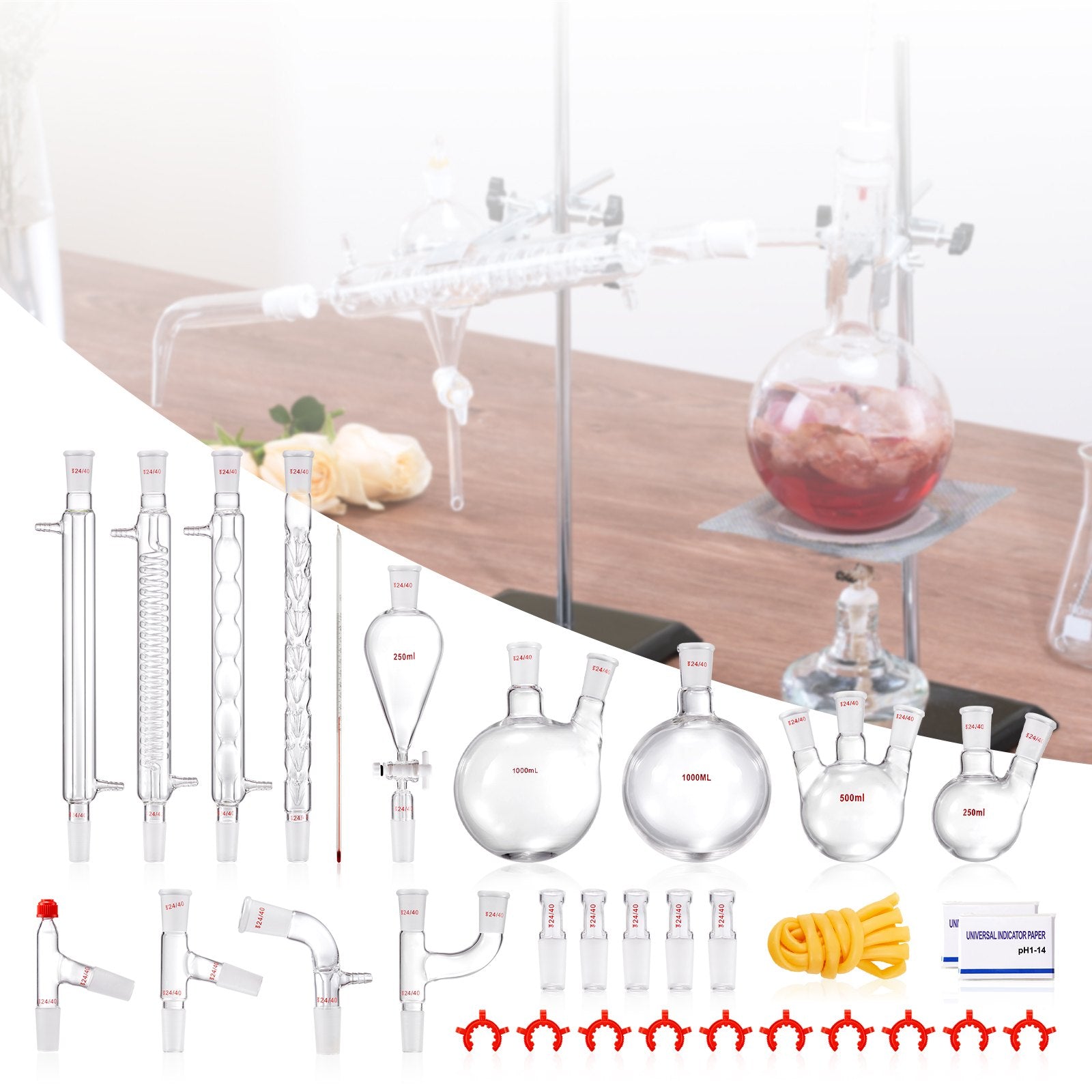 Lab Distillation Kit, 3.3 Boro Lab Glassware Distillation Kit with 24, 40 Joint, 1000ml Essential Oil V952-SYSZLTJJPWW1LEFCIV0
