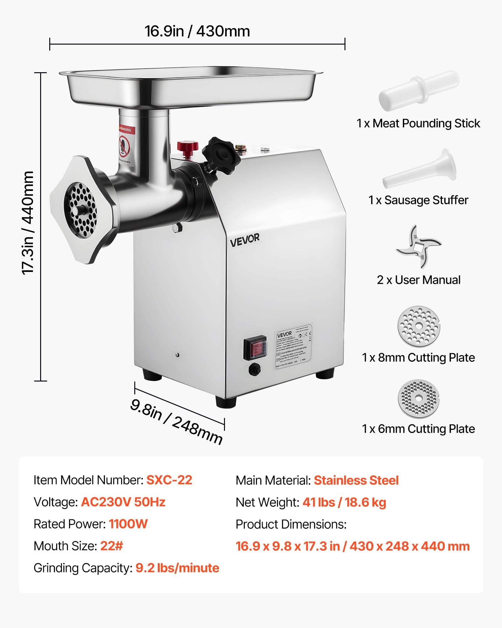 Commercial Electric Meat Grinder 9.2 Lbs/Min Sausage Stuffer Maker Kitchen V952-SYTMDDJRJSYS79O1T001V3