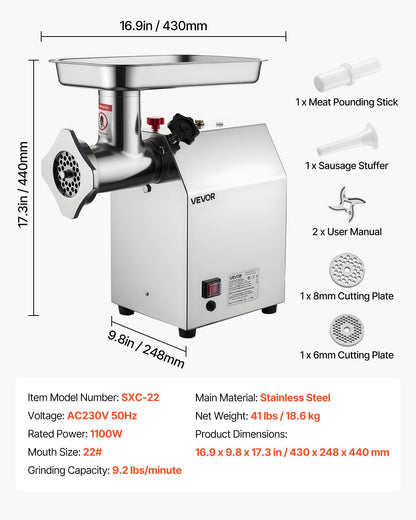 Commercial Electric Meat Grinder 9.2 Lbs/Min Sausage Stuffer Maker Kitchen V952-SYTMDDJRJSYS79O1T001V3