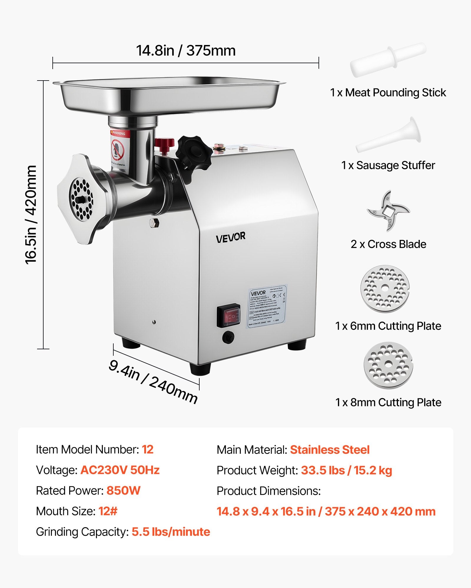 Commercial Electric Meat Grinder 5.5 Lbs/Min Sausage Stuffer Maker Kitchen V952-SYTMDDJRJSYSHS6TA001V3