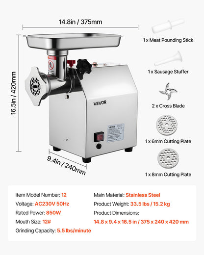 Commercial Electric Meat Grinder 5.5 Lbs/Min Sausage Stuffer Maker Kitchen V952-SYTMDDJRJSYSHS6TA001V3
