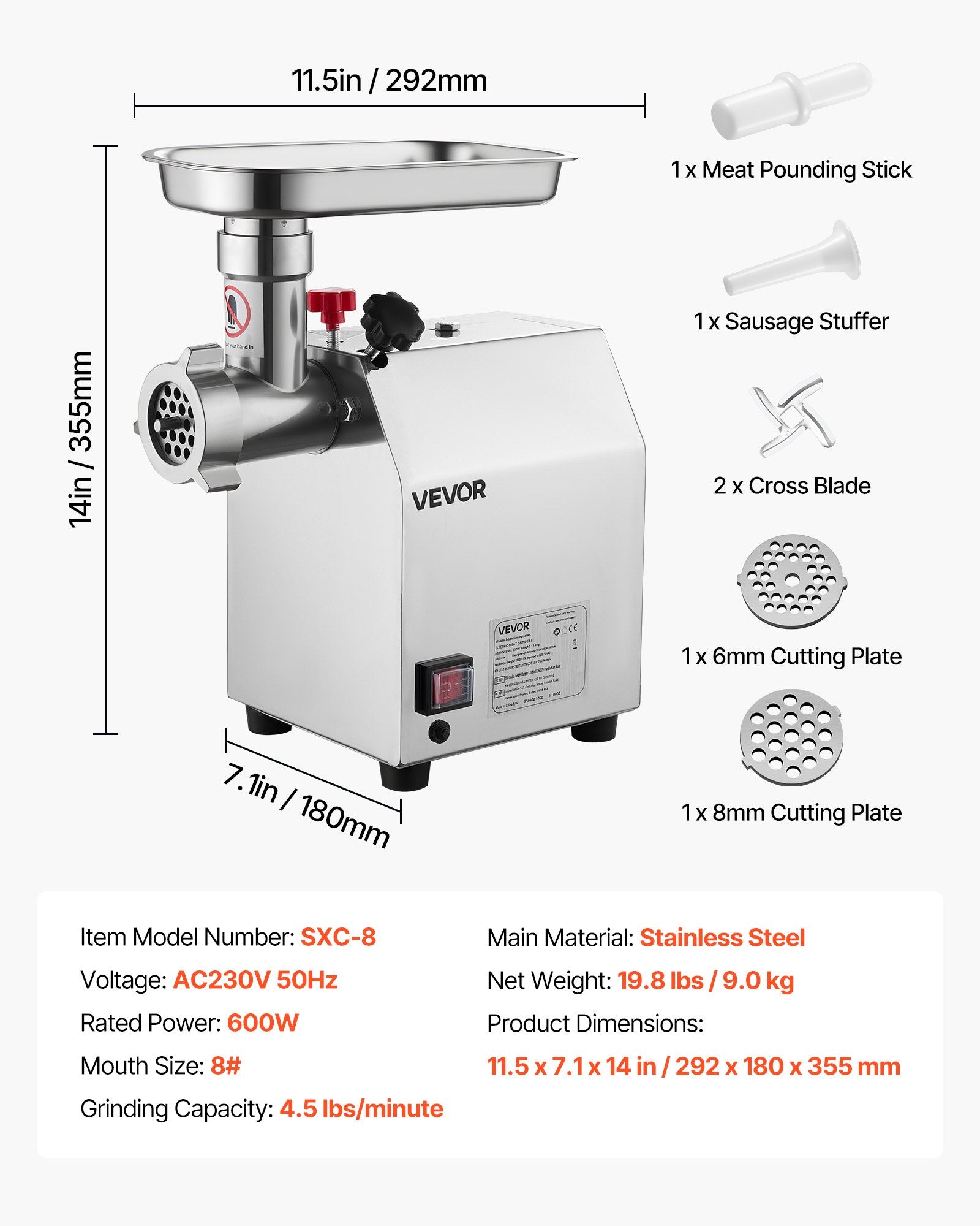 Commercial Electric Meat Grinder 4.5 Lbs/Min Sausage Stuffer Maker Kitchen V952-SYTMDDJRJSYSWMYXS001V3