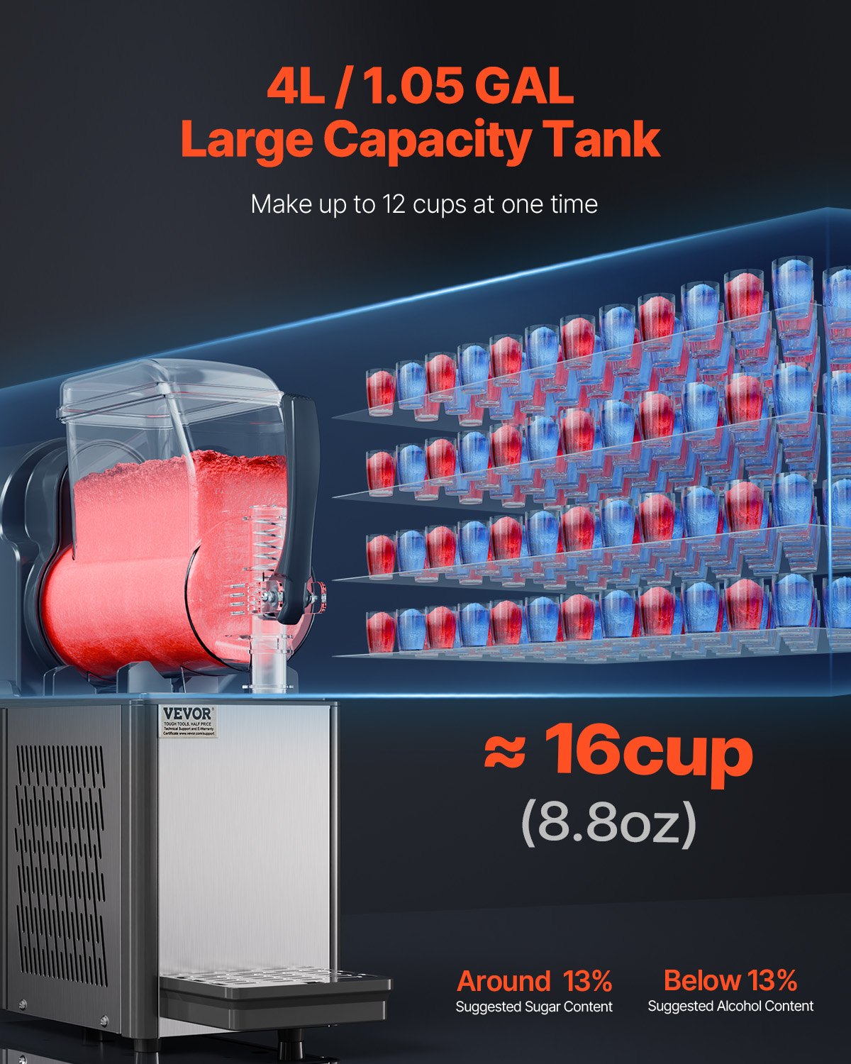 Commercial Slushy Machine, 4L Single Tank Frozen Drink Machine, 16 Cups Stainless Steel Margarita Smoothie V952-SYXRJX14LDGD1123BV3