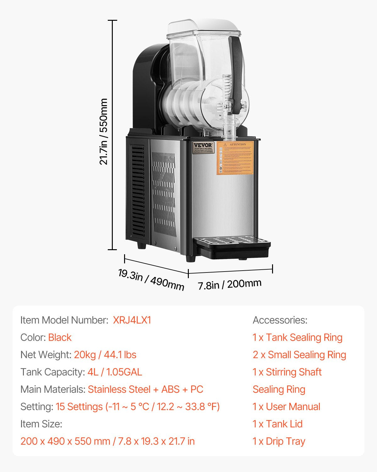Commercial Slushy Machine, 4L Single Tank Frozen Drink Machine, 16 Cups Stainless Steel Margarita Smoothie V952-SYXRJX14LDGD1123BV3