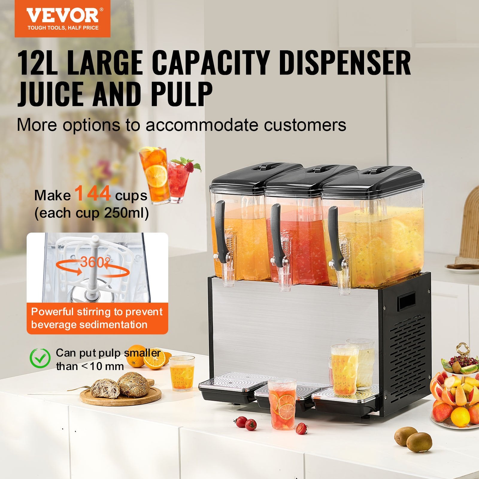 Commercial Beverage Dispenser, 3 Tanks 12 L Per Tank Juice Dispenser, 370W Stainless Steel Ice Tea Drink V952-SYYLJJBSJXS1AAIQKV3