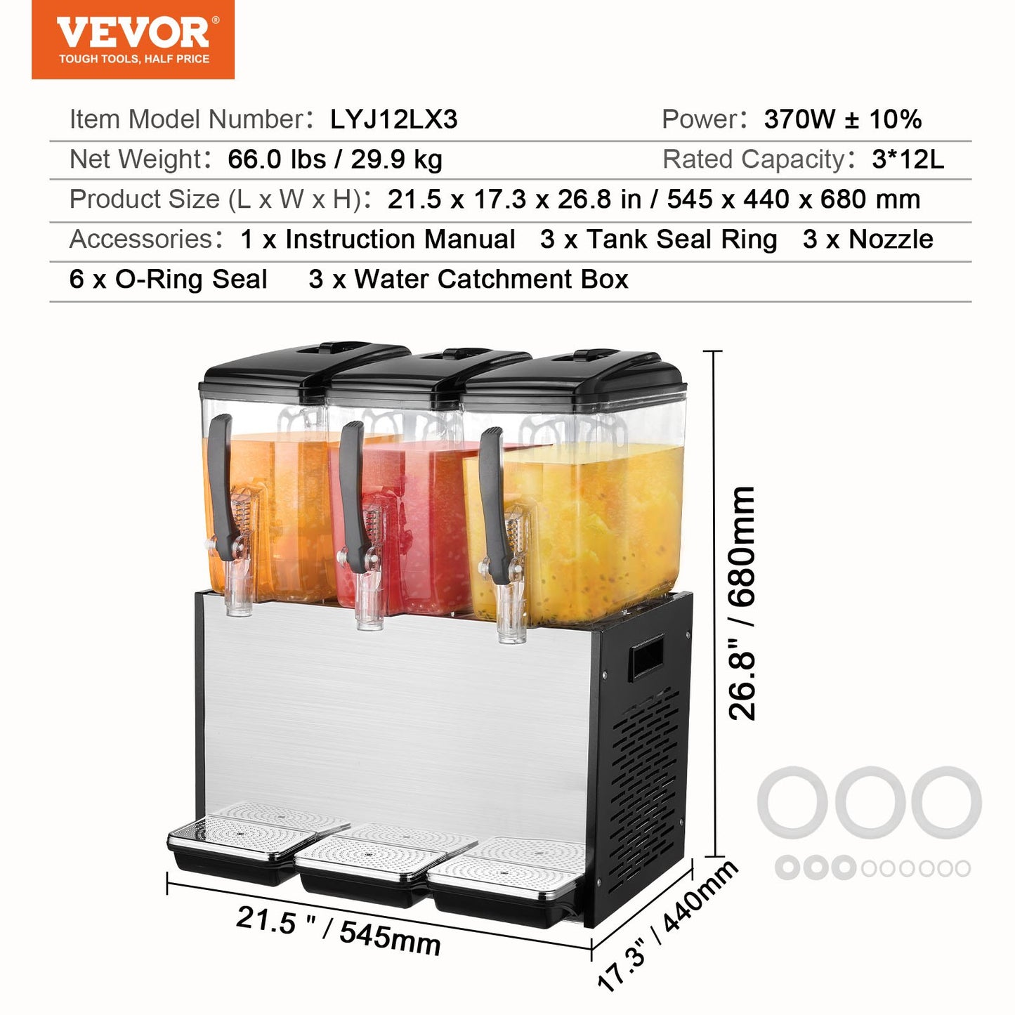Commercial Beverage Dispenser, 3 Tanks 12 L Per Tank Juice Dispenser, 370W Stainless Steel Ice Tea Drink V952-SYYLJJBSJXS1AAIQKV3