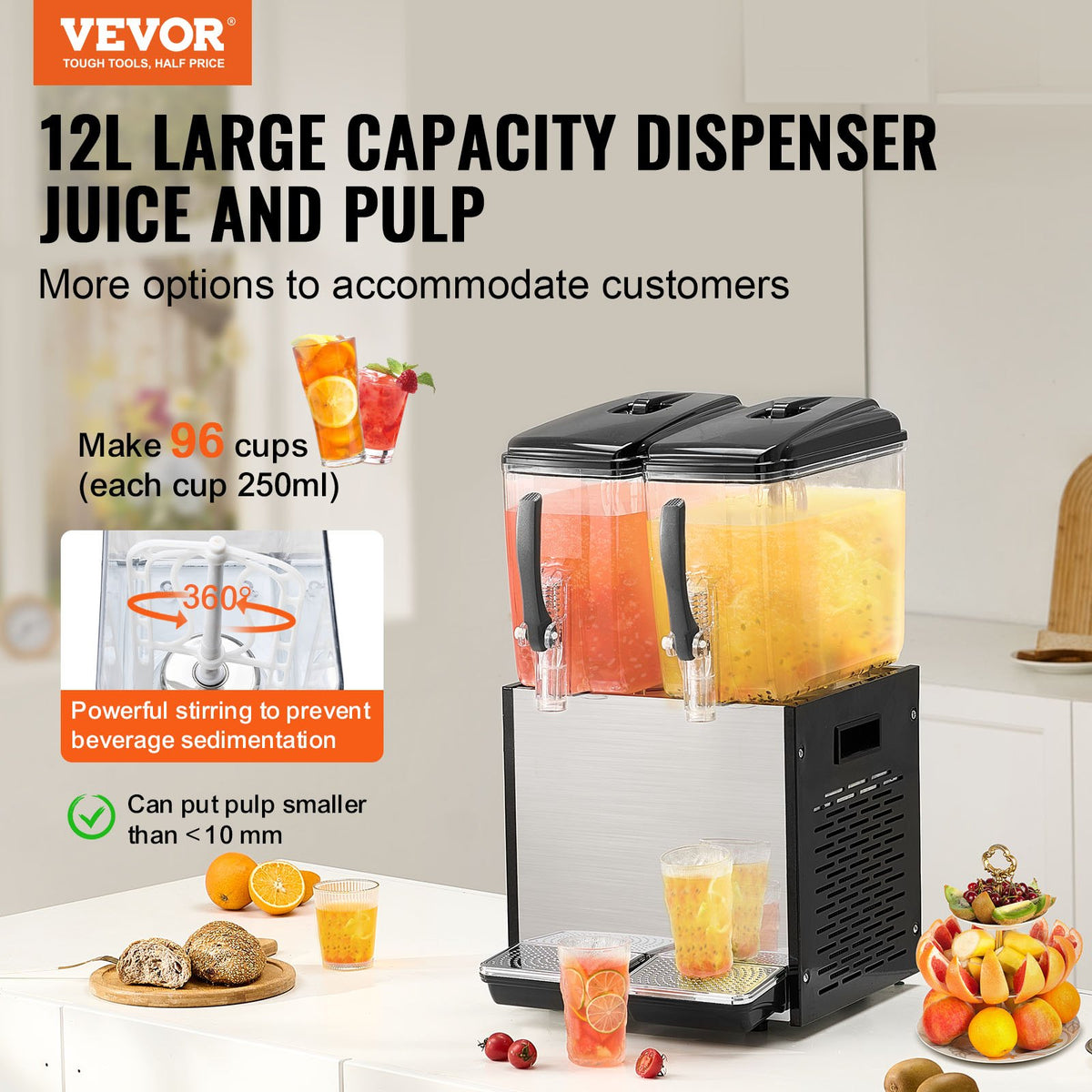 Commercial Beverage Dispenser, 2 Tanks 12 L Per Tank Juice Dispenser, 286W Stainless Steel Ice Tea Drink V952-SYYLJJBSJXS1NR5MHV3