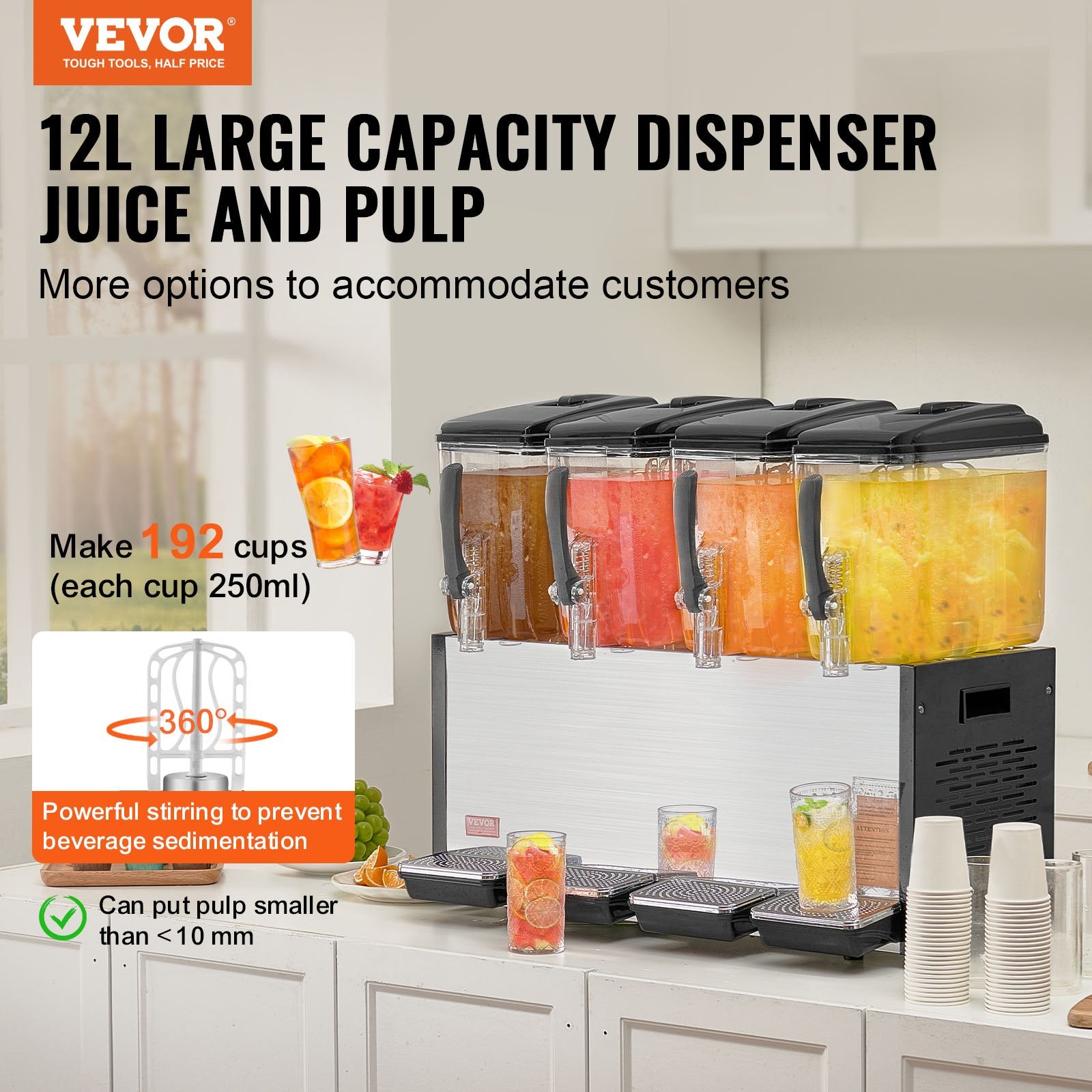 Commercial Beverage Dispenser, 4 Tanks 12 L Per Tank Juice Dispenser, 510W Stainless Steel Ice Tea Drink V952-SYYLJJBSJXS1YI25UV3