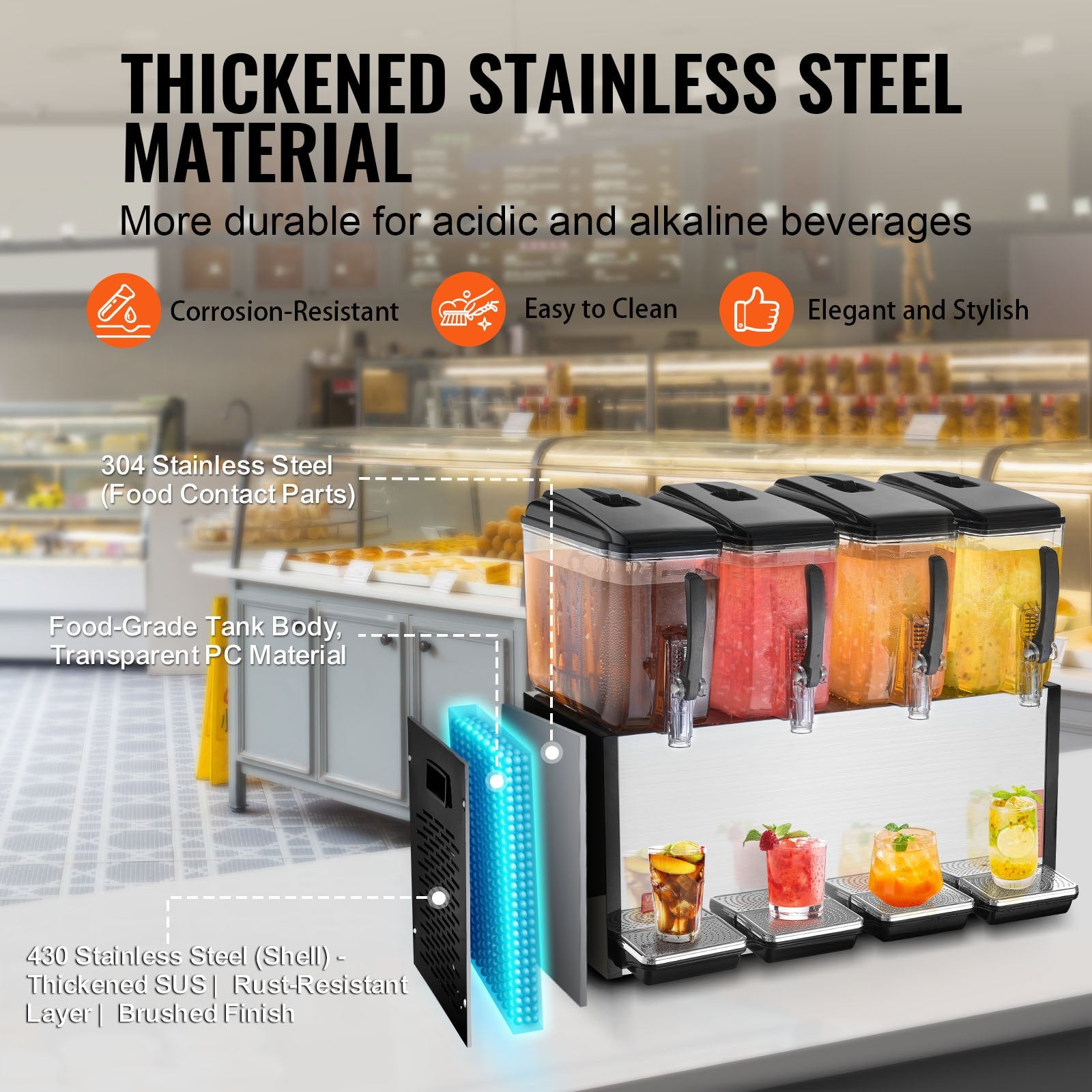 Commercial Beverage Dispenser, 4 Tanks 12 L Per Tank Juice Dispenser, 510W Stainless Steel Ice Tea Drink V952-SYYLJJBSJXS1YI25UV3