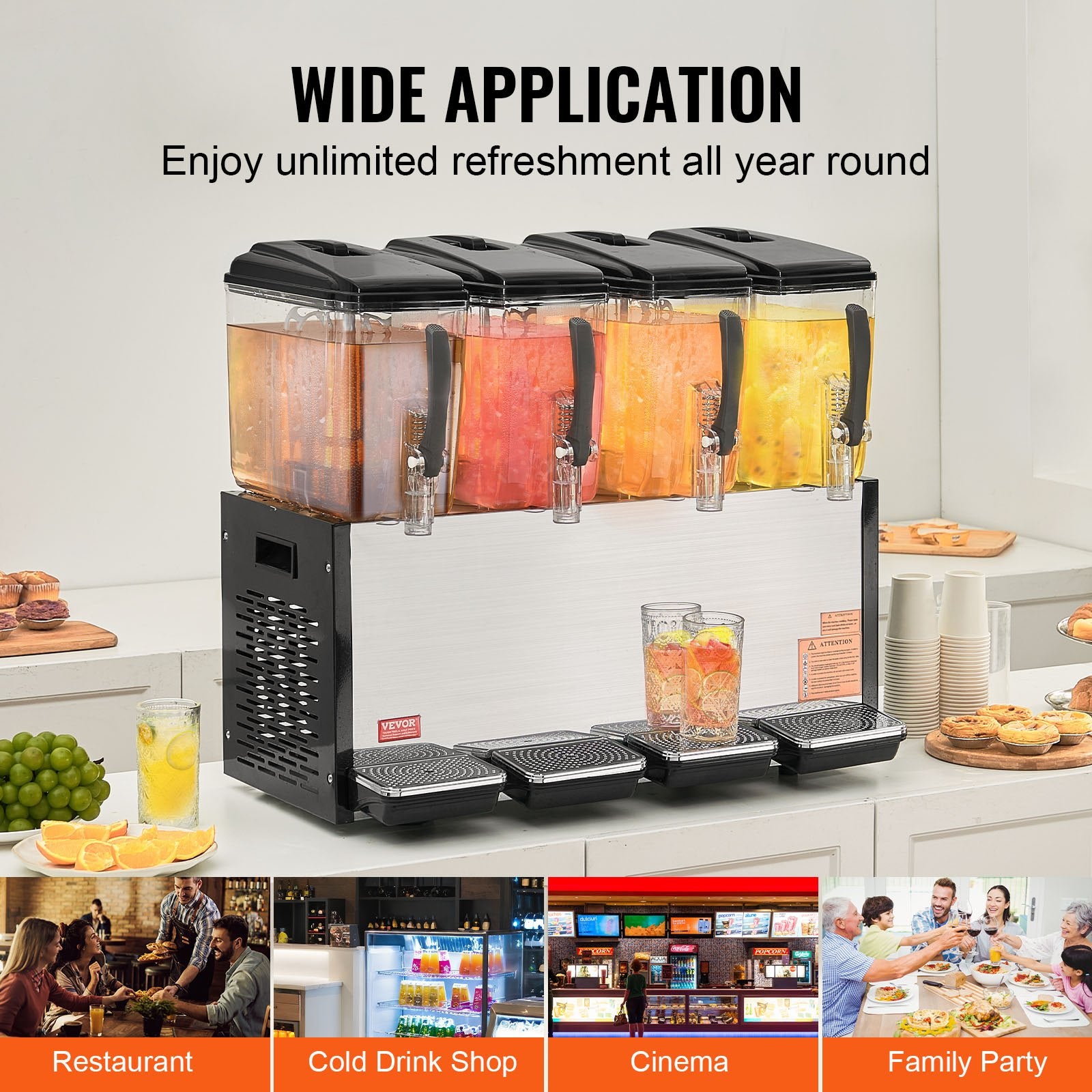 Commercial Beverage Dispenser, 4 Tanks 12 L Per Tank Juice Dispenser, 510W Stainless Steel Ice Tea Drink V952-SYYLJJBSJXS1YI25UV3