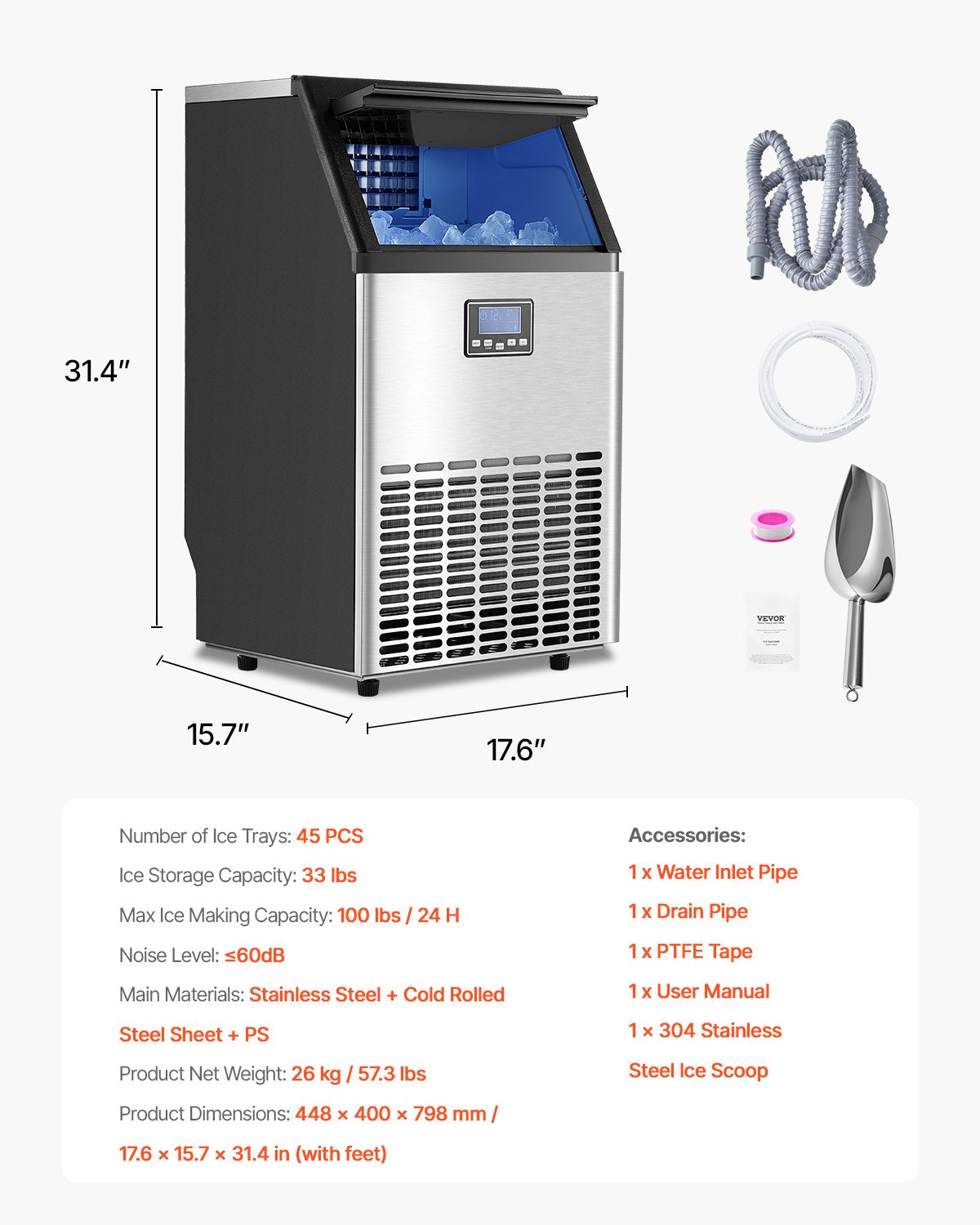 Commercial Ice Maker Machine, 100lbs/24H Ice Maker Machine with 33lbs Storage Capacity, 45 Ice Cubes in 15 V952-SYYTSFBZBJX1KF06PV3