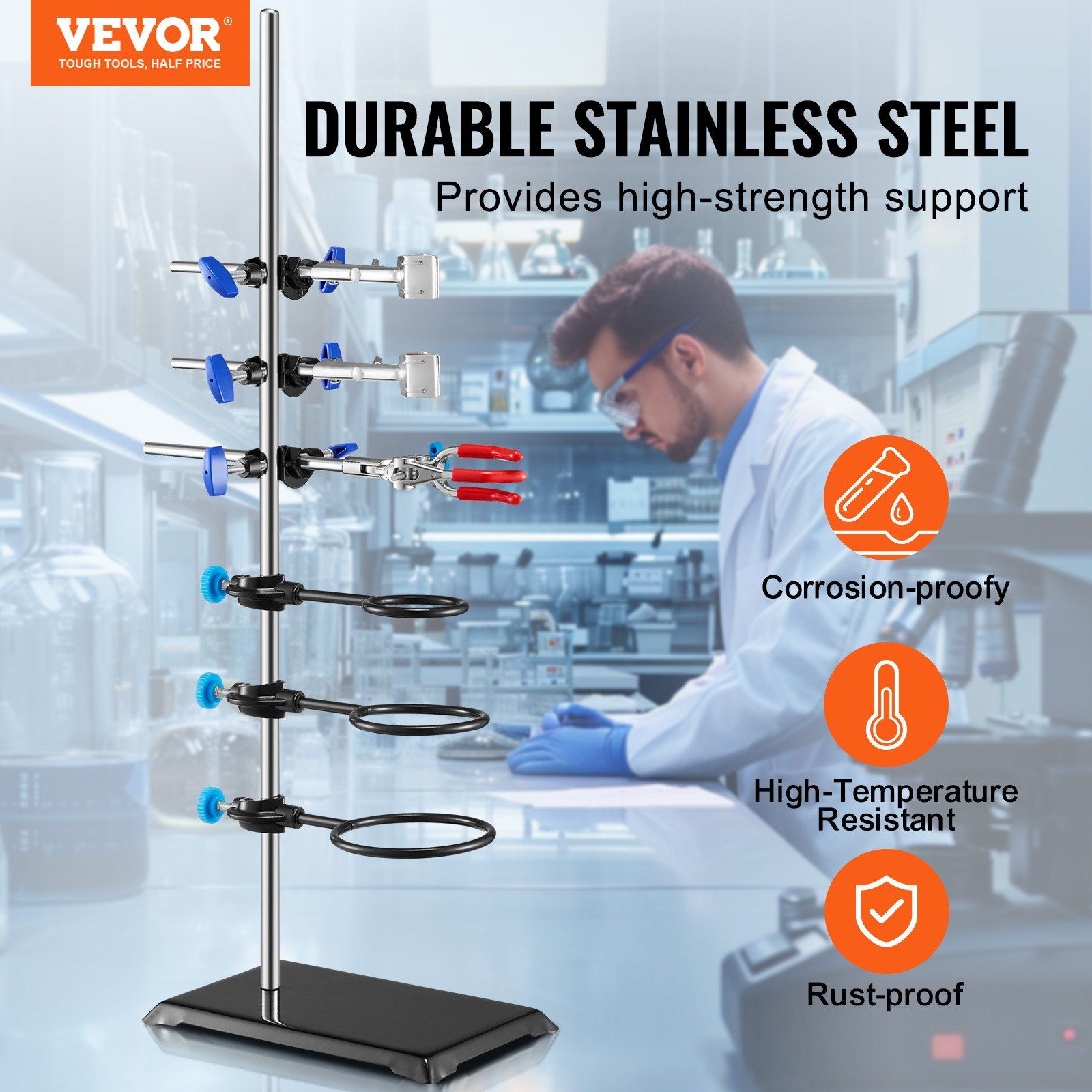 Lab Stand Support, Laboratory Retort Support Stand Set, Steel Lab Stand 23.6" Rod and 8.3" x 5.3" Cast Iron V952-SYZJJP1JT60C60P2LV0