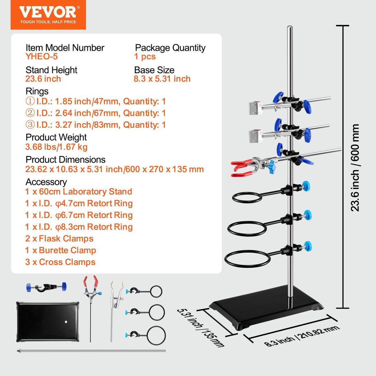 Lab Stand Support, Laboratory Retort Support Stand Set, Steel Lab Stand 23.6" Rod and 8.3" x 5.3" Cast Iron V952-SYZJJP1JT60C60P2LV0