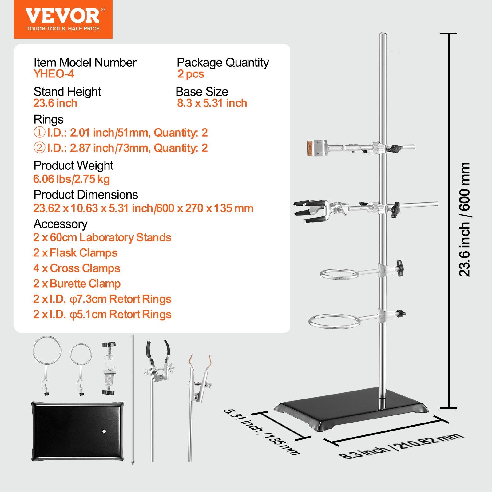 Lab Stand Support, Laboratory Retort Support Stand 2 Sets, Steel Lab Stand 23.6" Rod and 8.3" x 5.3" Cast V952-SYZJJP2JT60C7MCUSV0