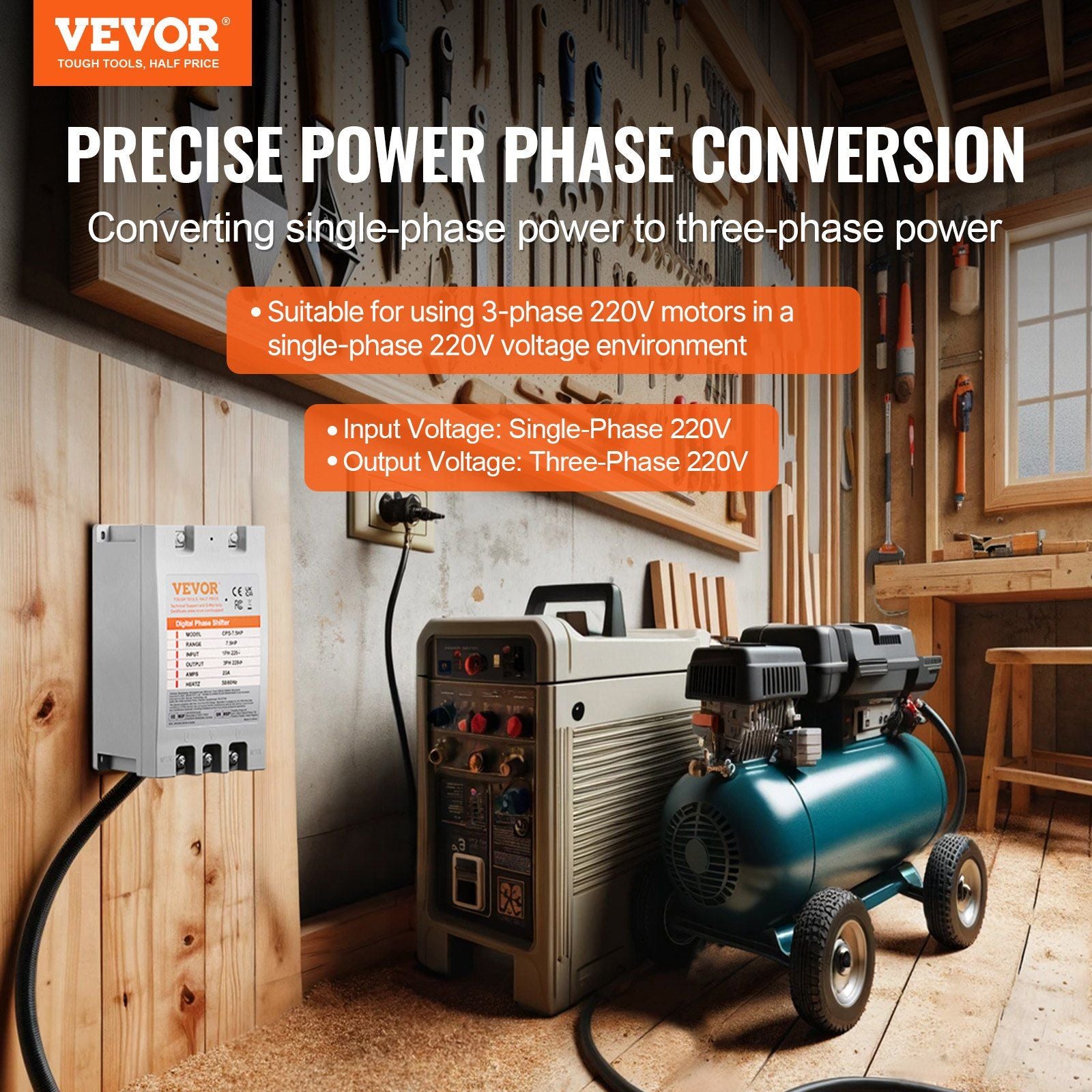 3 Phase Converter- 7.5HP 23A 220V Single Phase to 3 Phase Converter, Digital Phase Shifter for Residential & V952-SZBXQ75HP000OF0UOV7