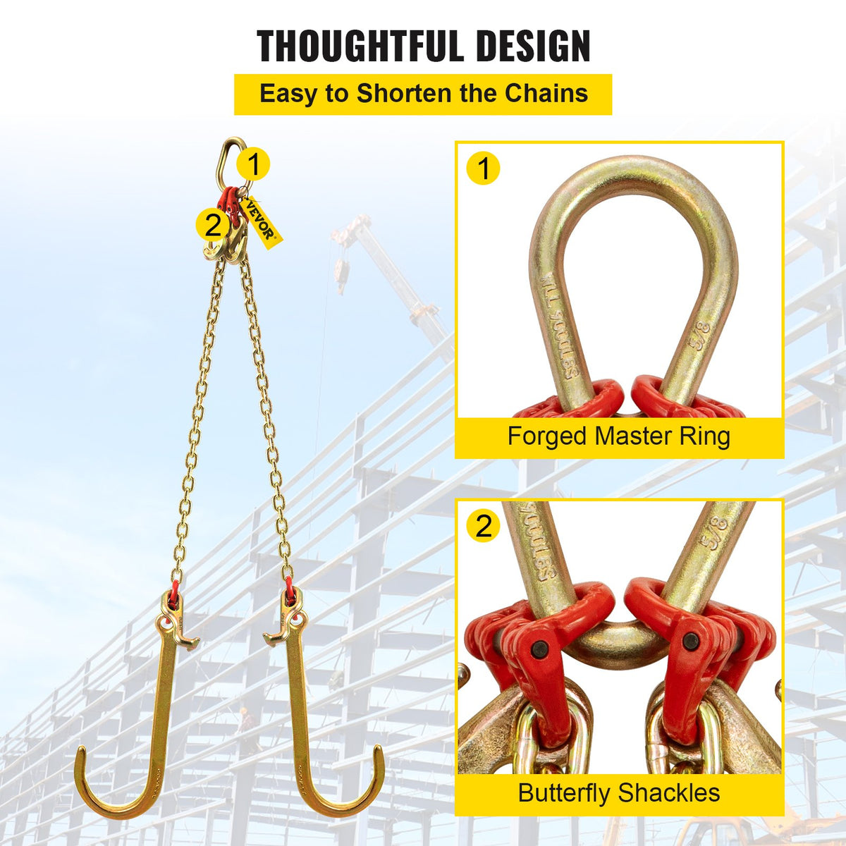 V Bridle Chain, 5/16 in x 2 ft Bridle Tow Chain, Grade 80 V-Bridle Transport Chain, 9260 Lbs Break Strength V952-SZGLRJG5162FT0001V0
