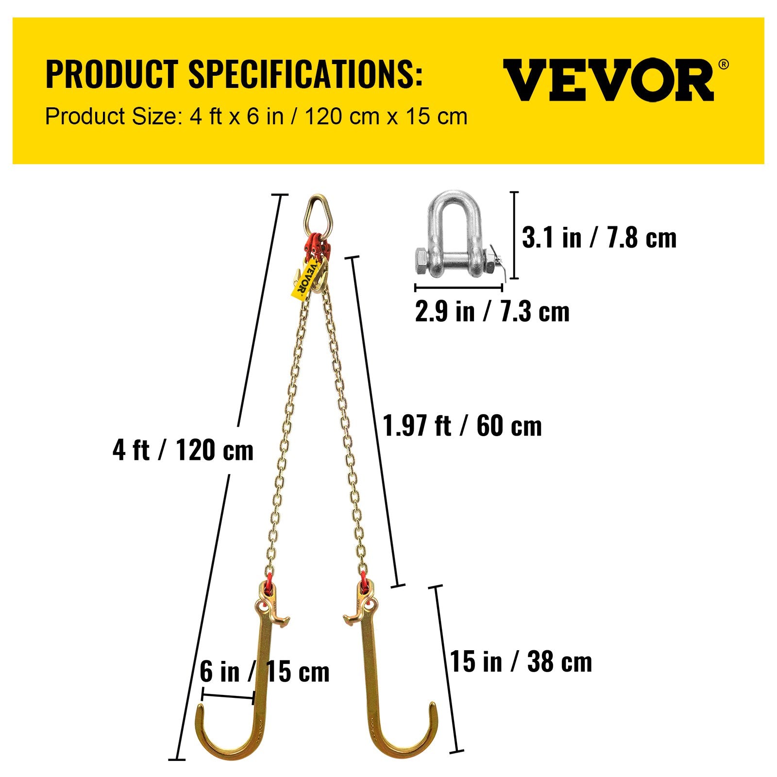 V Bridle Chain, 5/16 in x 2 ft Bridle Tow Chain, Grade 80 V-Bridle Transport Chain, 9260 Lbs Break Strength V952-SZGLRJG5162FT0001V0