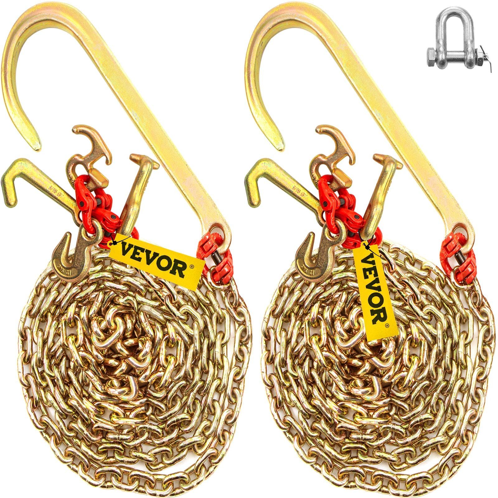J Hook Chain, 2PCS 8 mm x 300 cm G80 Long Shank J Hook Tow Chain with RTJ Cluster Hook & Grab Hook, 2448 kg V952-SZGLRTJ51610FT001V0