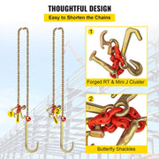 J Hook Chain, 2PCS 8 mm x 300 cm G80 Long Shank J Hook Tow Chain with RTJ Cluster Hook & Grab Hook, 2448 kg V952-SZGLRTJ51610FT001V0