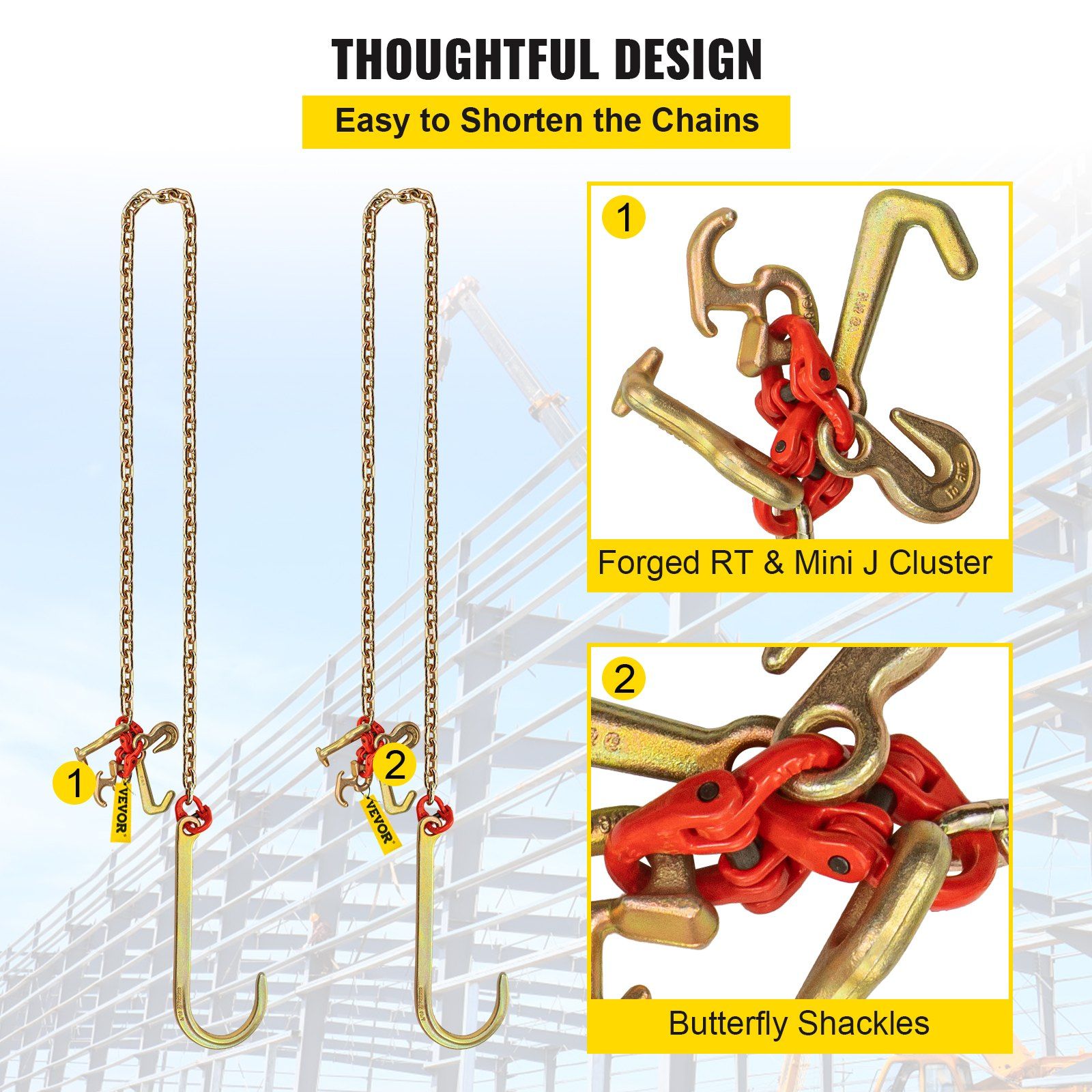 J Hook Chain, 2PCS 8 mm x 300 cm G80 Long Shank J Hook Tow Chain with RTJ Cluster Hook & Grab Hook, 2448 kg V952-SZGLRTJ51610FT001V0