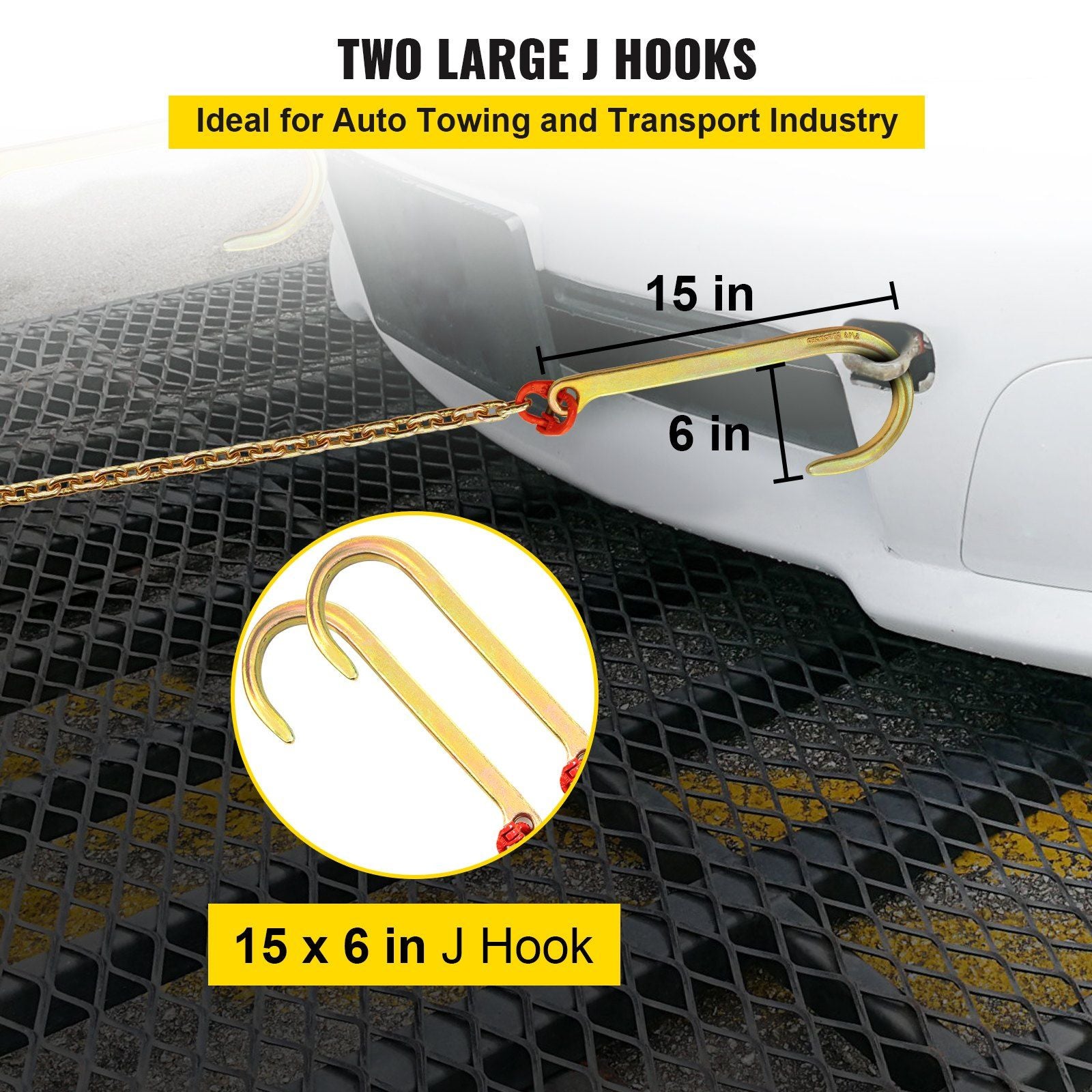 J Hook Chain, 2PCS 8 mm x 300 cm G80 Long Shank J Hook Tow Chain with RTJ Cluster Hook & Grab Hook, 2448 kg V952-SZGLRTJ51610FT001V0