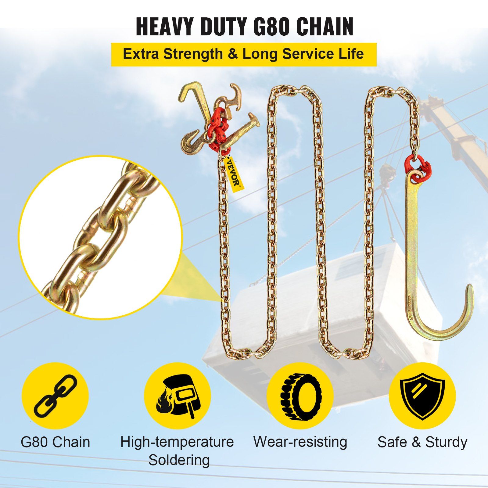 J Hook Chain, 2PCS 8 mm x 300 cm G80 Long Shank J Hook Tow Chain with RTJ Cluster Hook & Grab Hook, 2448 kg V952-SZGLRTJ51610FT001V0