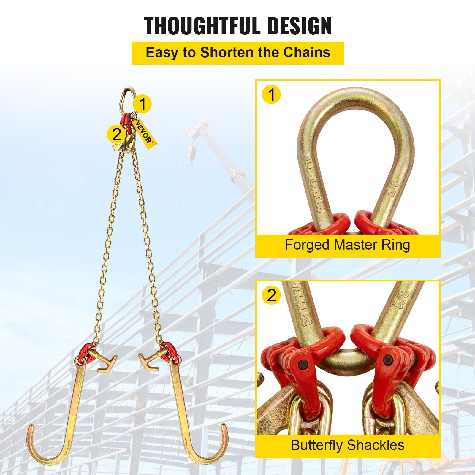 V Bridle Chain, 5/16 in x 2 ft Tow Chain Bridle, Grade 80 V-Bridle Transport Chain, 9260 Lbs Break Strength V952-SZGLTJ5162FT00001V0