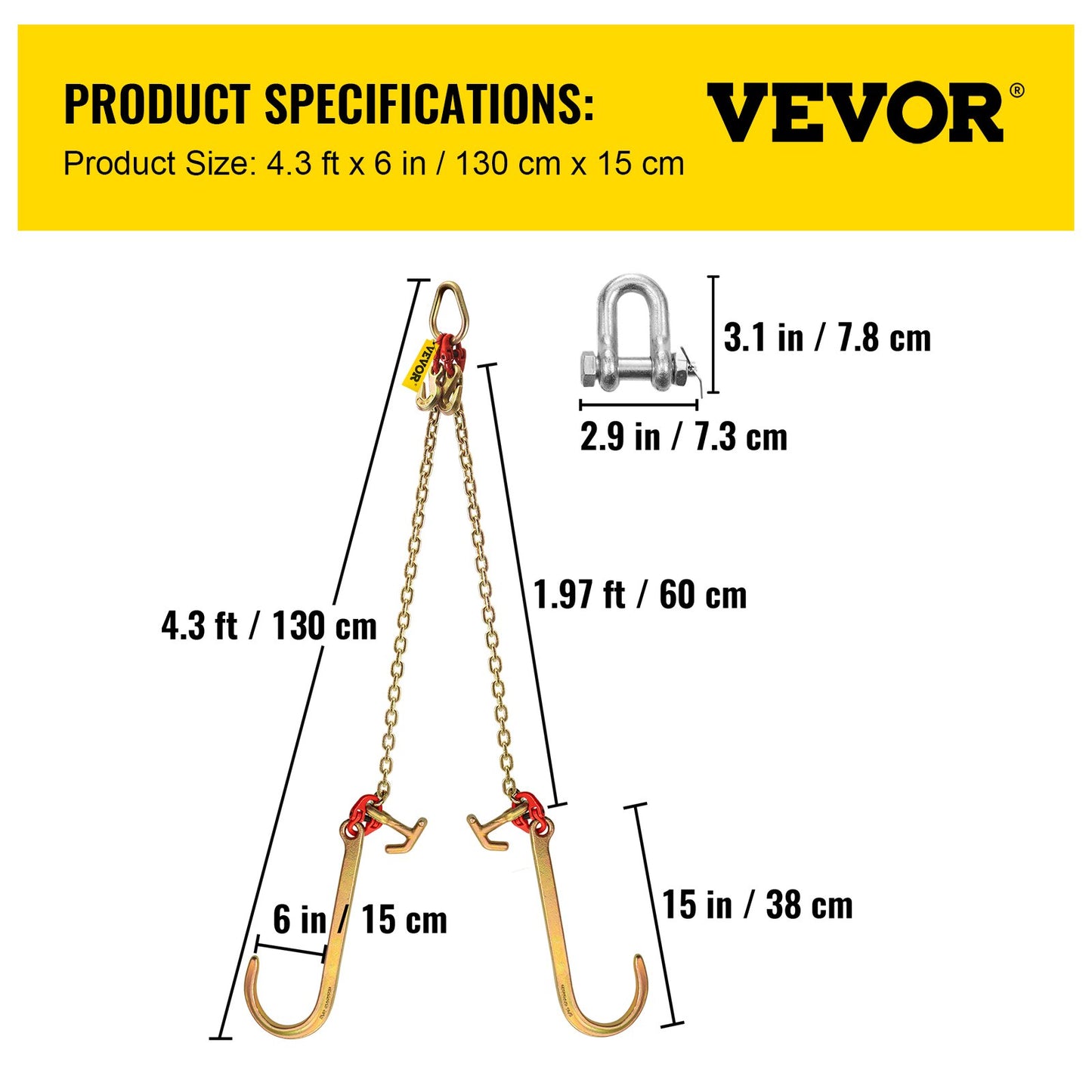 V Bridle Chain, 5/16 in x 2 ft Tow Chain Bridle, Grade 80 V-Bridle Transport Chain, 9260 Lbs Break Strength V952-SZGLTJ5162FT00001V0
