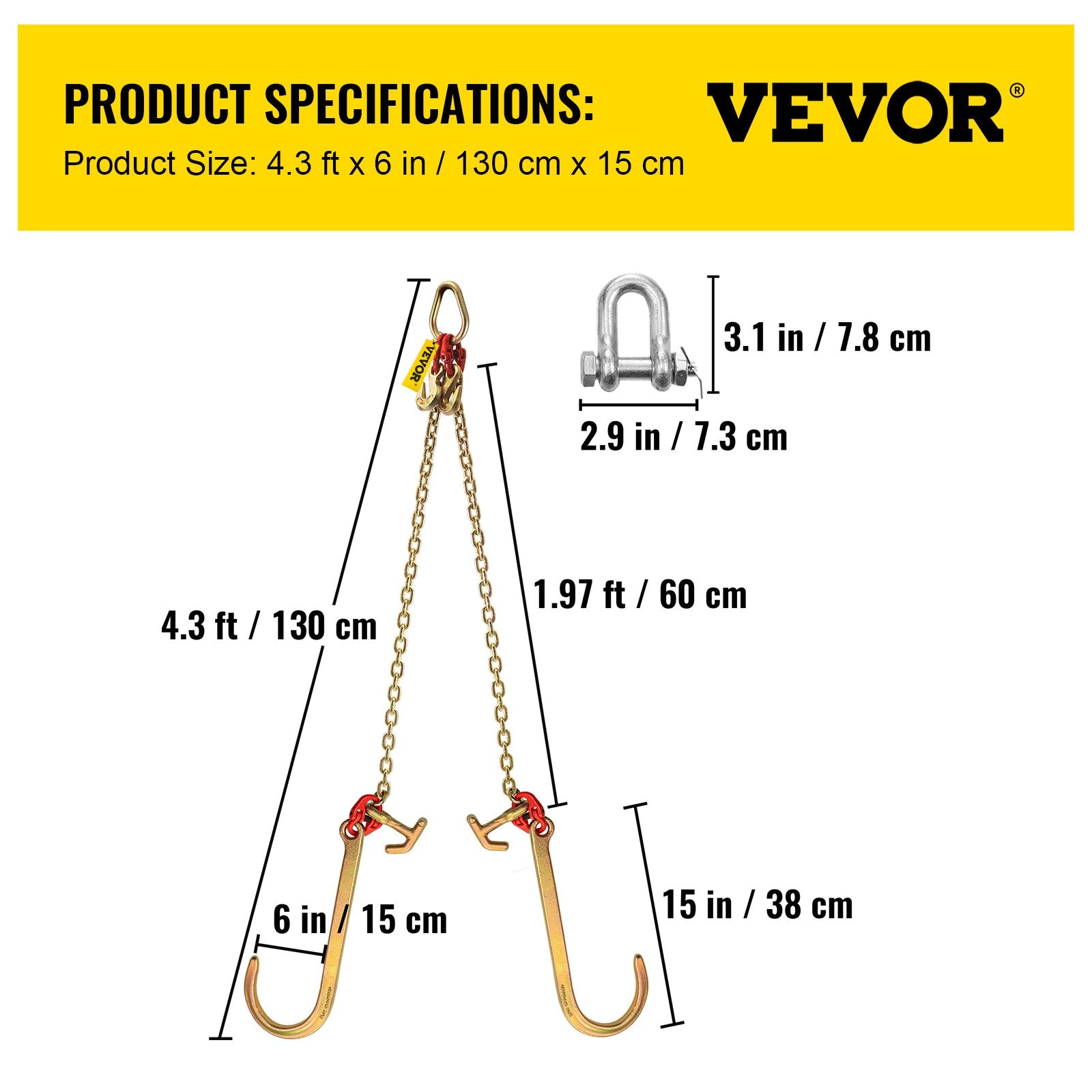 V Bridle Chain, 5/16 in x 2 ft Tow Chain Bridle, Grade 80 V-Bridle Transport Chain, 9260 Lbs Break Strength V952-SZGLTJ5162FT00001V0