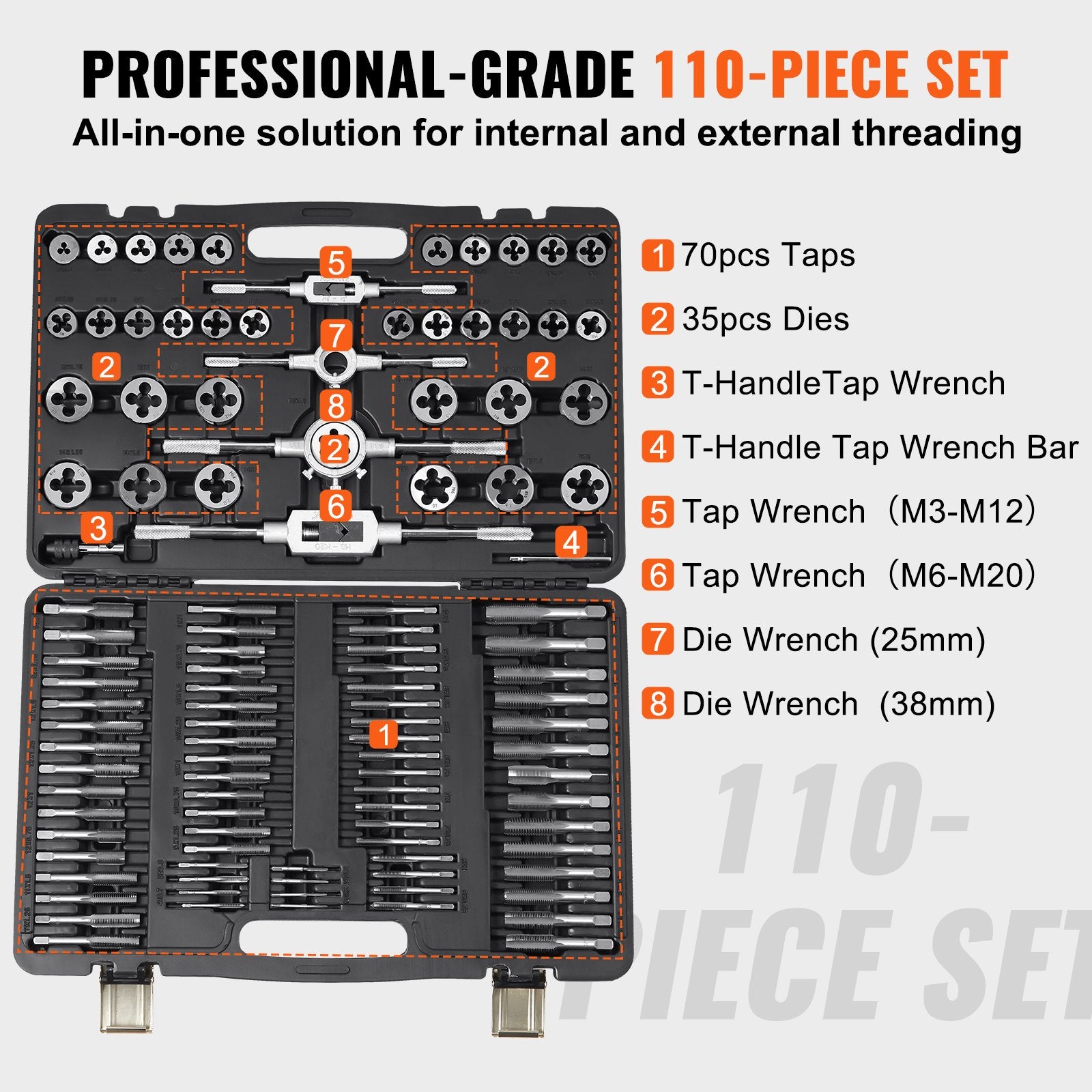 Tap and Die Set 110Pcs Metric Size M2 to M18 Bearing Steel Threading Tool V952-SZHMJZSZBY110IQY2V0
