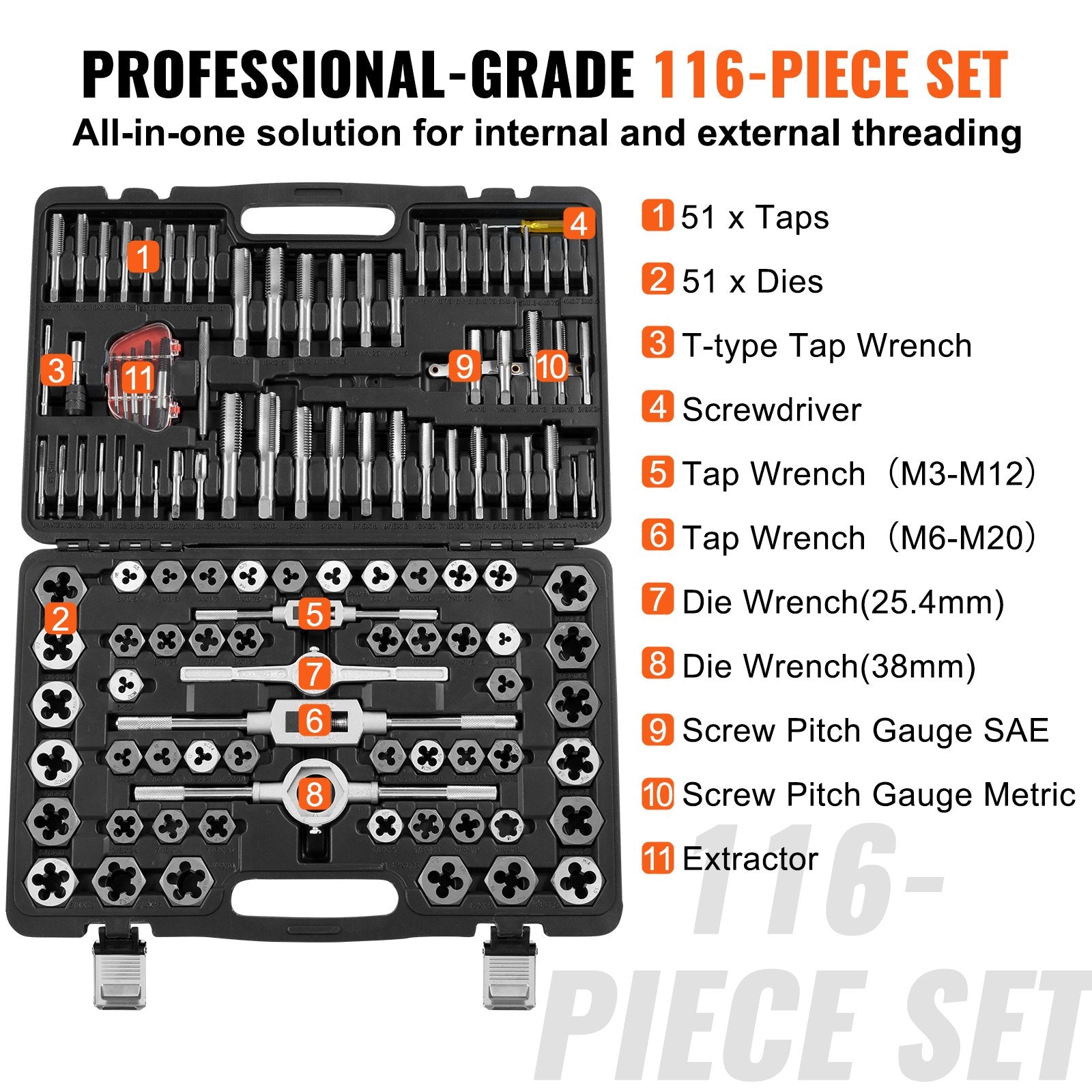 Tap and Die Set, 116-Piece Include Metric and SAE Size, Bearing Steel Taps and Dies, Essential Threading Tool V952-SZHMJZSZBY116ORORV0