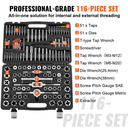 Tap and Die Set, 116-Piece Include Metric and SAE Size, Bearing Steel Taps and Dies, Essential Threading Tool V952-SZHMJZSZBY116ORORV0