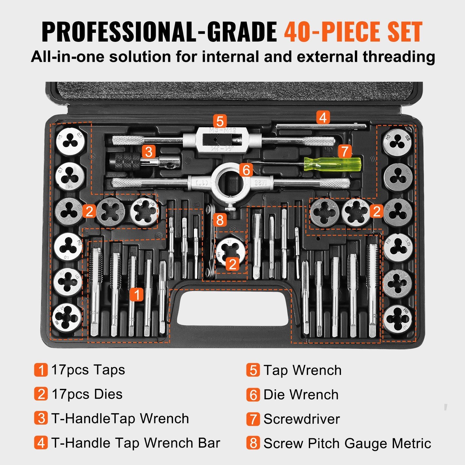Tap and Die Set, 40-Piece Include Metric Size M3 to M12, Bearing Steel Taps and Dies, Essential Threading V952-SZHMJZSZBYG409WTAV0