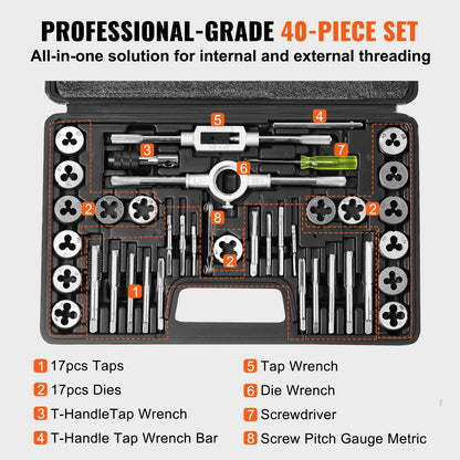 Tap and Die Set, 40-Piece Include Metric Size M3 to M12, Bearing Steel Taps and Dies, Essential Threading V952-SZHMJZSZBYG409WTAV0