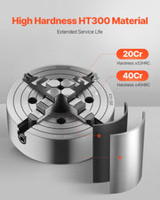 4-Jaw Lathe Chuck, 10 in (250 mm), Lathe Chuck, 0.6-9.84 in (15-250 mm) Clamping Range with T-key Fixing V952-SZKP10YC4GKZ7LKI4V0