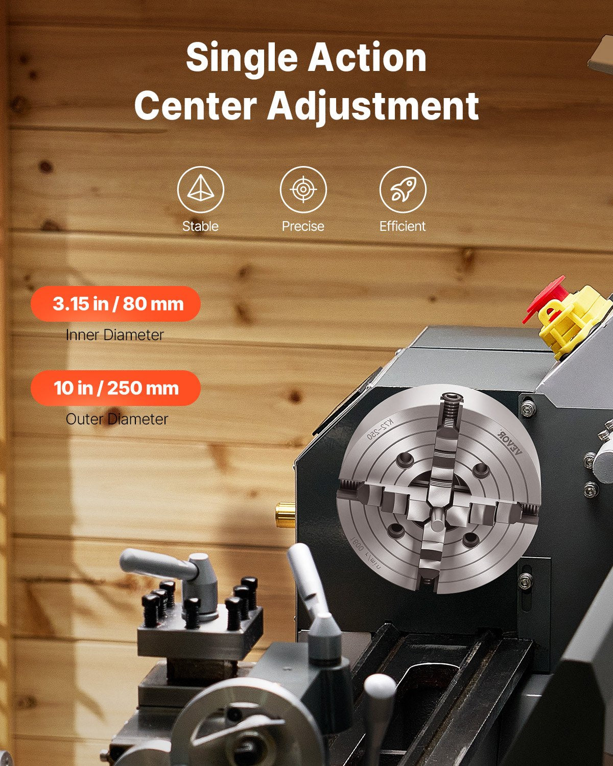 4-Jaw Lathe Chuck, 10 in (250 mm), Lathe Chuck, 0.6-9.84 in (15-250 mm) Clamping Range with T-key Fixing V952-SZKP10YC4GKZ7LKI4V0