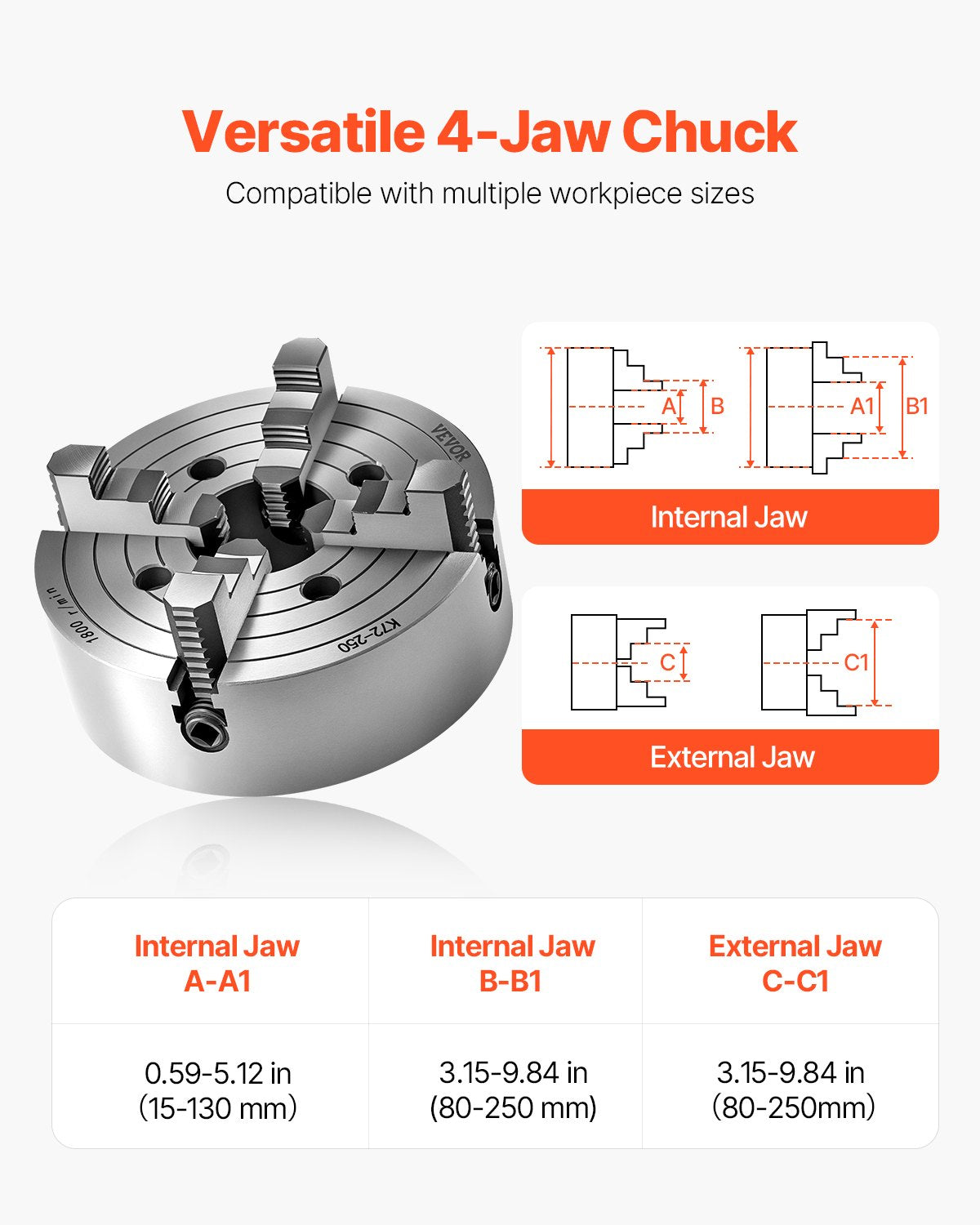 4-Jaw Lathe Chuck, 10 in (250 mm), Lathe Chuck, 0.6-9.84 in (15-250 mm) Clamping Range with T-key Fixing V952-SZKP10YC4GKZ7LKI4V0