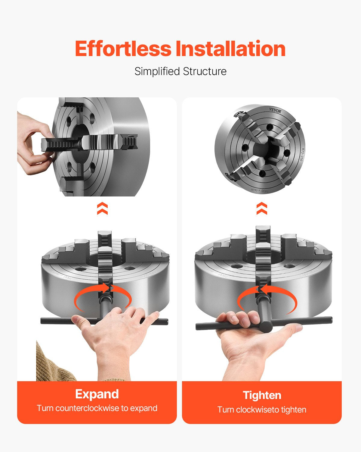 4-Jaw Lathe Chuck, 10 in (250 mm), Lathe Chuck, 0.6-9.84 in (15-250 mm) Clamping Range with T-key Fixing V952-SZKP10YC4GKZ7LKI4V0
