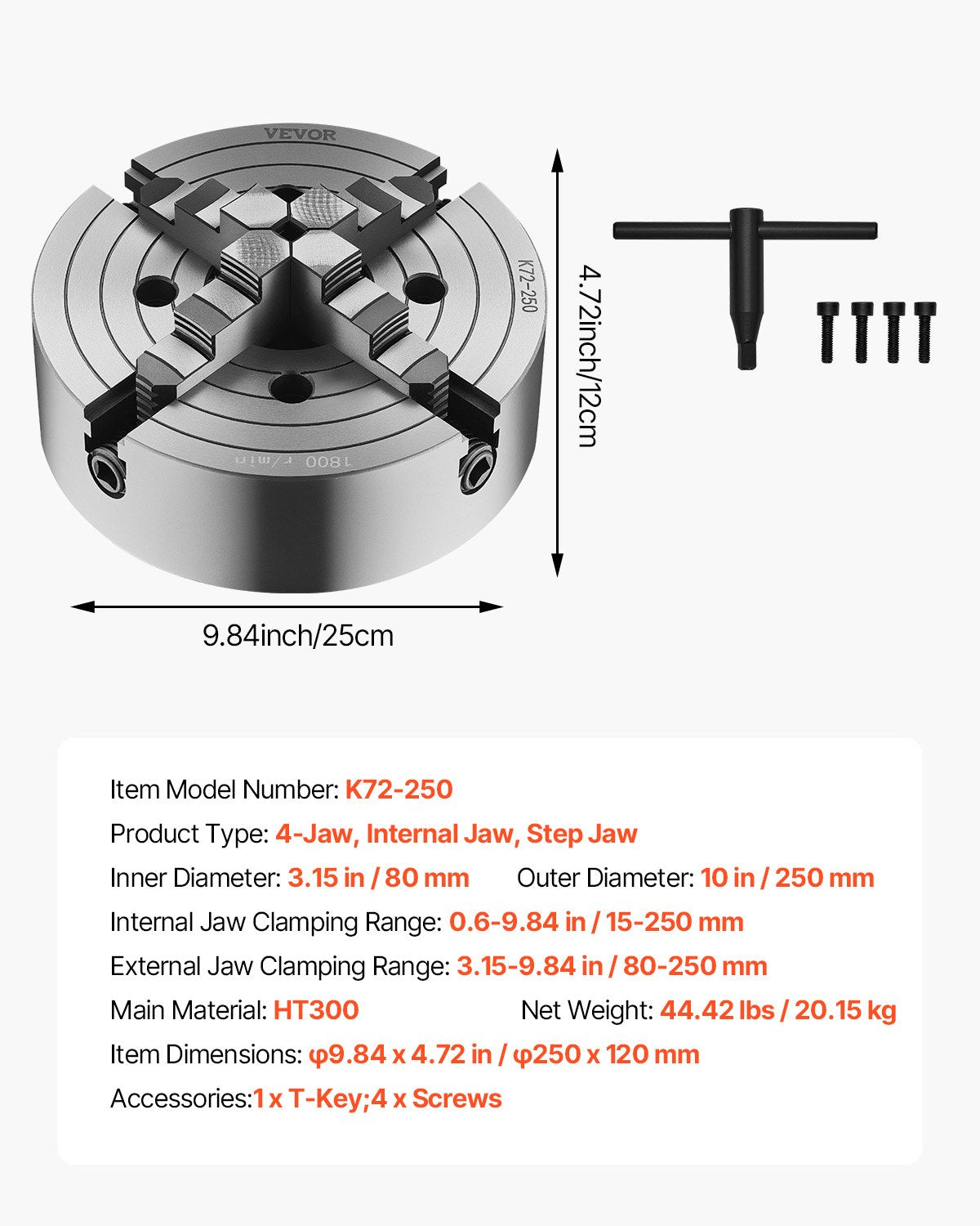 4-Jaw Lathe Chuck, 10 in (250 mm), Lathe Chuck, 0.6-9.84 in (15-250 mm) Clamping Range with T-key Fixing V952-SZKP10YC4GKZ7LKI4V0