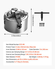 4-Jaw Lathe Chuck, 3 Inch (80 mm), 4-Jaw Chuck, 0.1-3.15 in (5-80 mm) Clamping Range with T-key Fixing Screws V952-SZKP3YC4GKZ0TVAS3V0