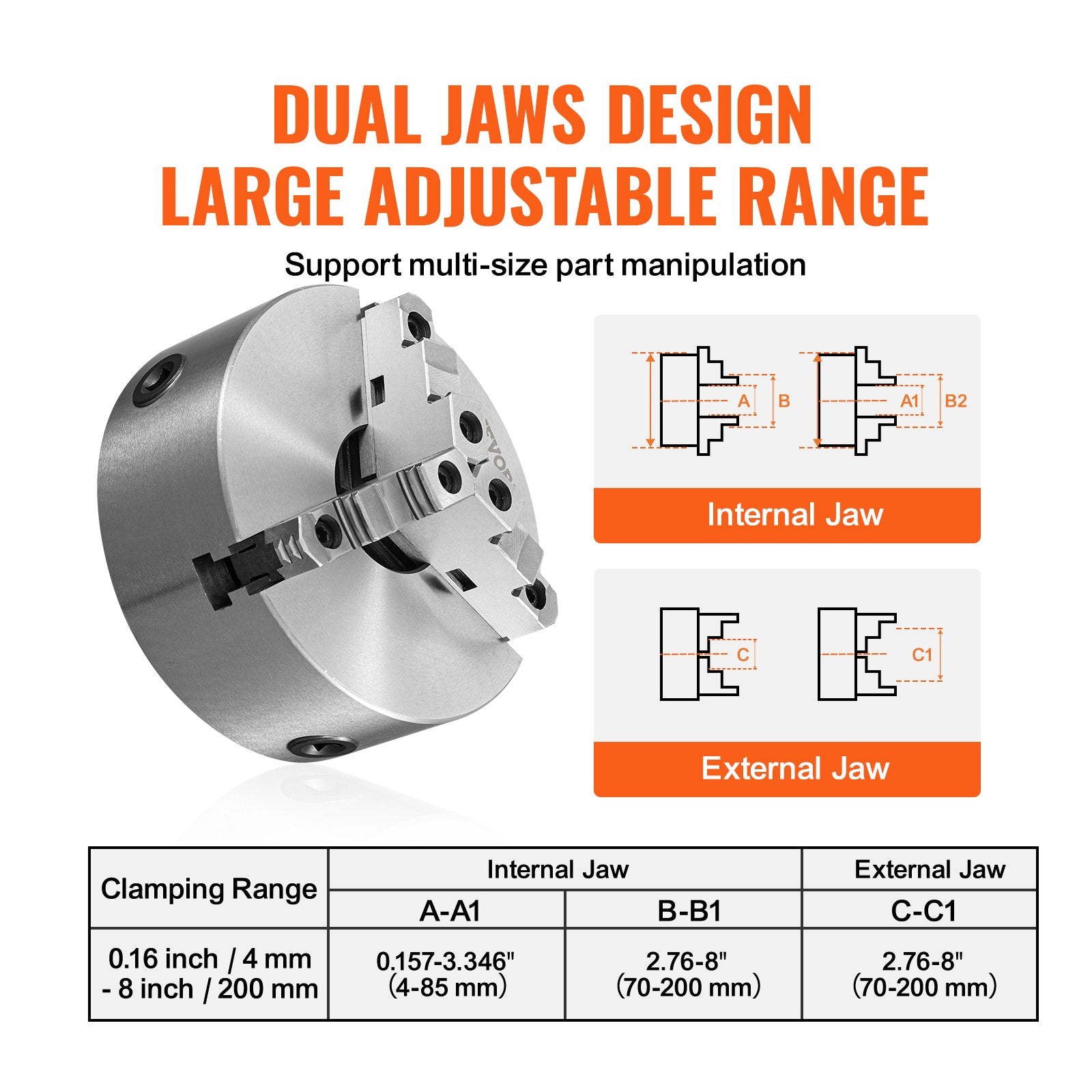 3-Jaw Lathe Chuck, 200 mm, Self-Centering Lathe Chuck, 4-200 mm Clamping Range with T-key Fixing Screws V952-SZKP8YC3G000VDWGDV0