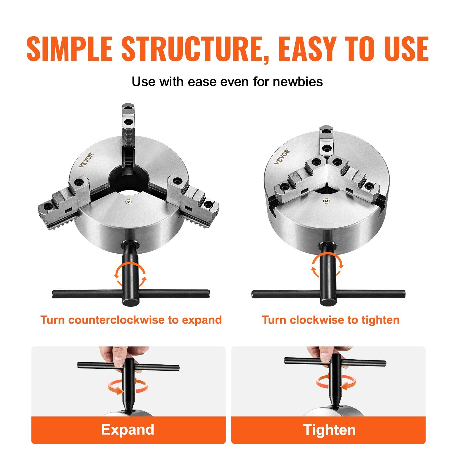 3-Jaw Lathe Chuck, 200 mm, Self-Centering Lathe Chuck, 4-200 mm Clamping Range with T-key Fixing Screws V952-SZKP8YC3G000VDWGDV0