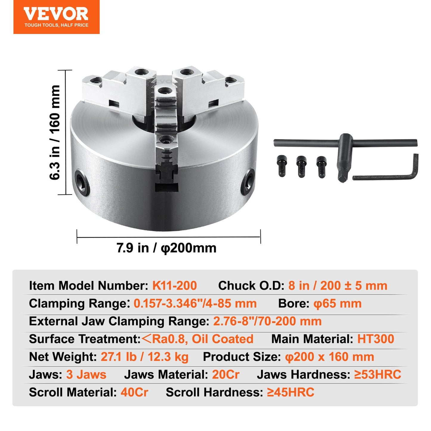 3-Jaw Lathe Chuck, 200 mm, Self-Centering Lathe Chuck, 4-200 mm Clamping Range with T-key Fixing Screws V952-SZKP8YC3G000VDWGDV0